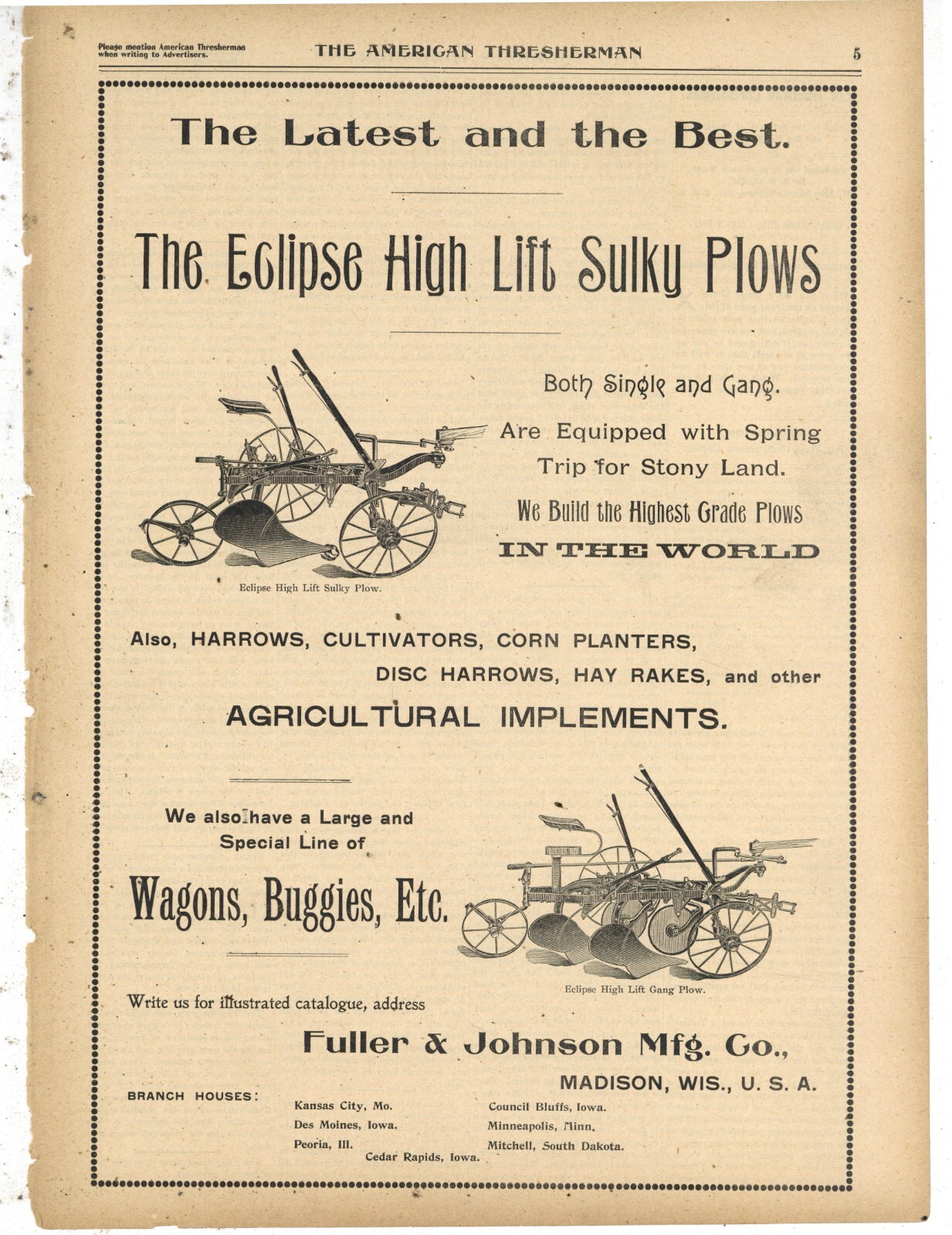 1898 Fuller & Johnson Company Ad: Eclipse High Lift Sulky & Gang Plows, Madison
