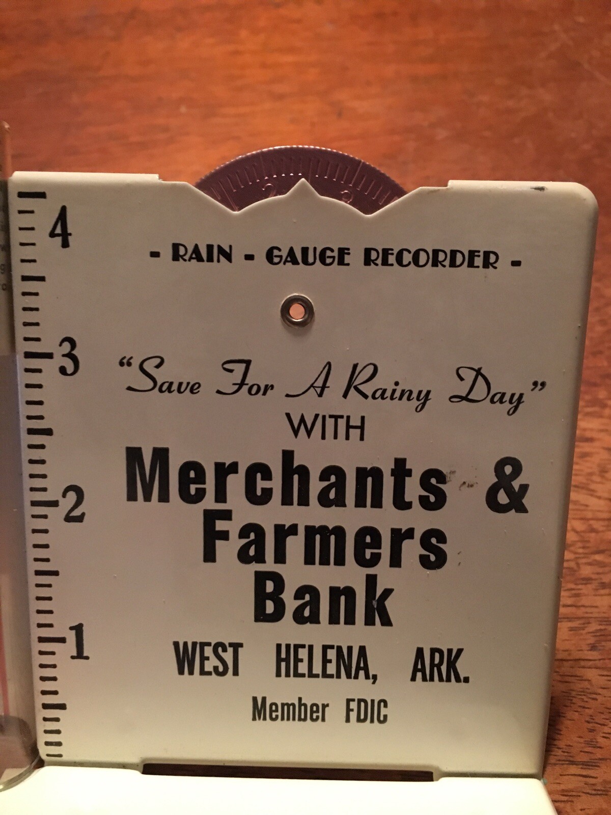 Merchants & Farmers Bank West Helena Arkansas RAIN GAUGE,EX. COND.