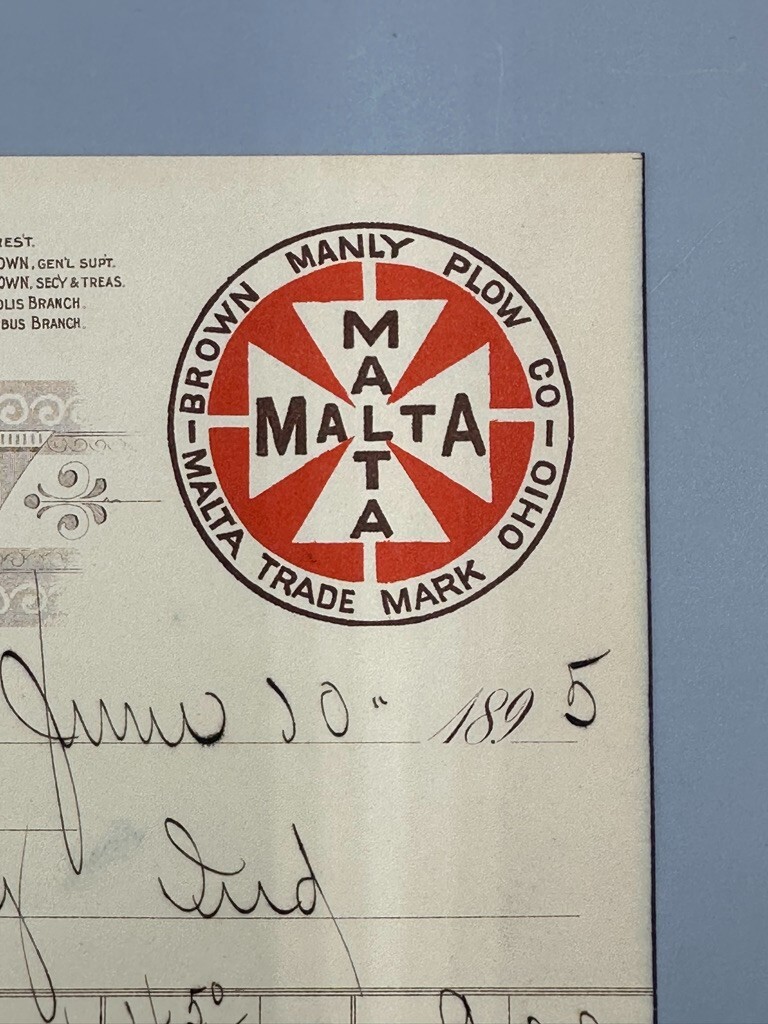 1895 BROWN MANLY PLOW Co FARM Advertising MALTA OHIO Invoice Antique