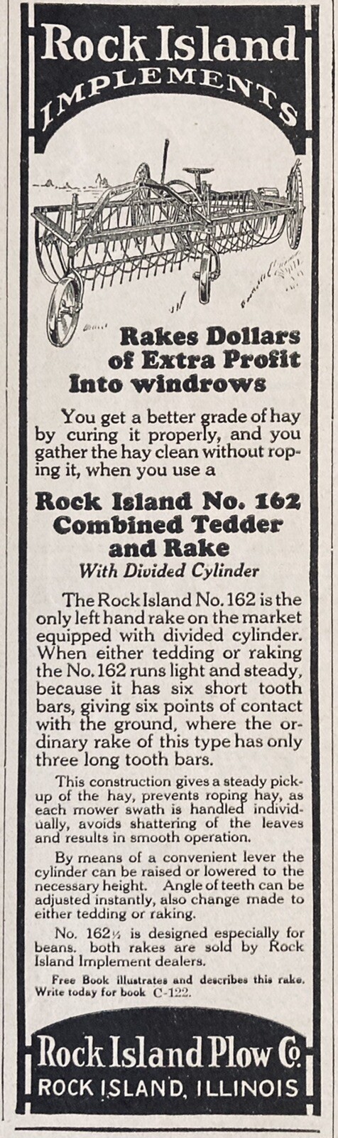 1928 AD.(XH16)~ROCK ISLAND PLOW CO. ILL. NO.162 COMBINED TEDDER AND RAKE