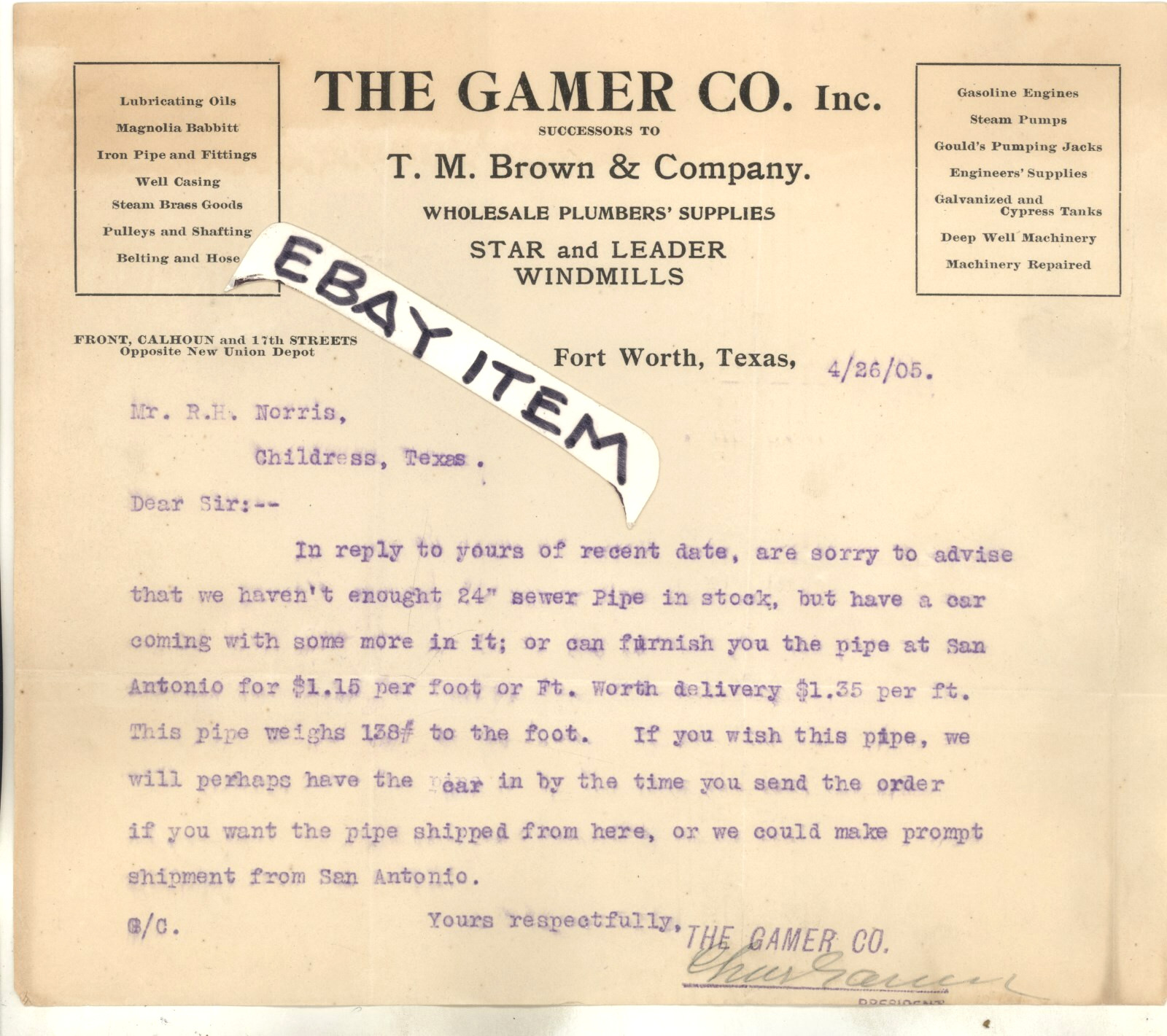 1905 CHARLES GAMER COMPANY Fort Worth Texas STAR & LEADER WINDMILLS letterhead