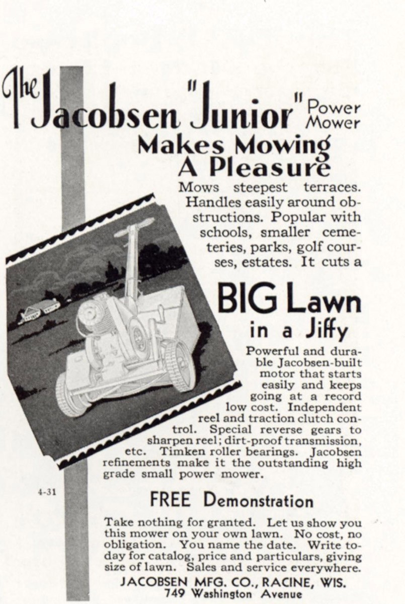 1931 Jacobsen Junior Lawn Mower: Makes Mowing a Pleasure Vintage Print Ad