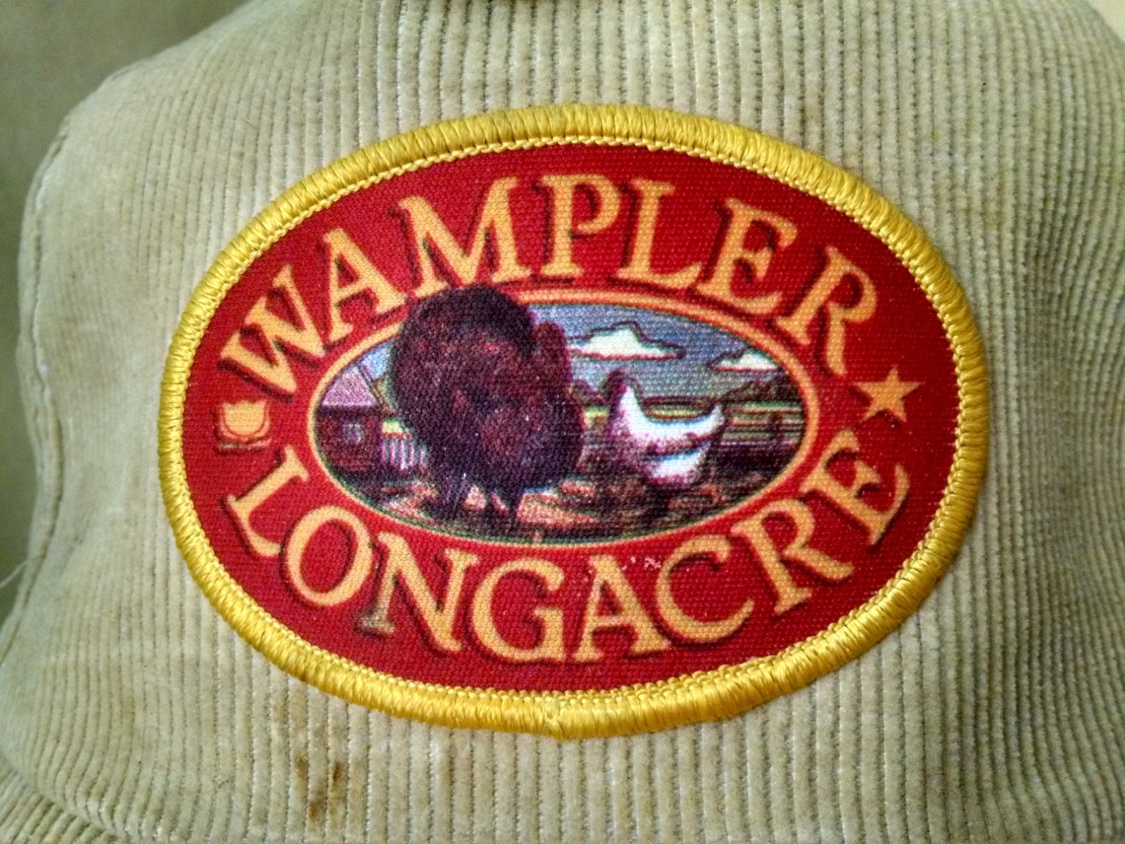 WAMPLER LONGACRE HAT BASEBALL BALL CAP TAN CORDUROY PATCH ADJ SNAPBK YUPOONG.