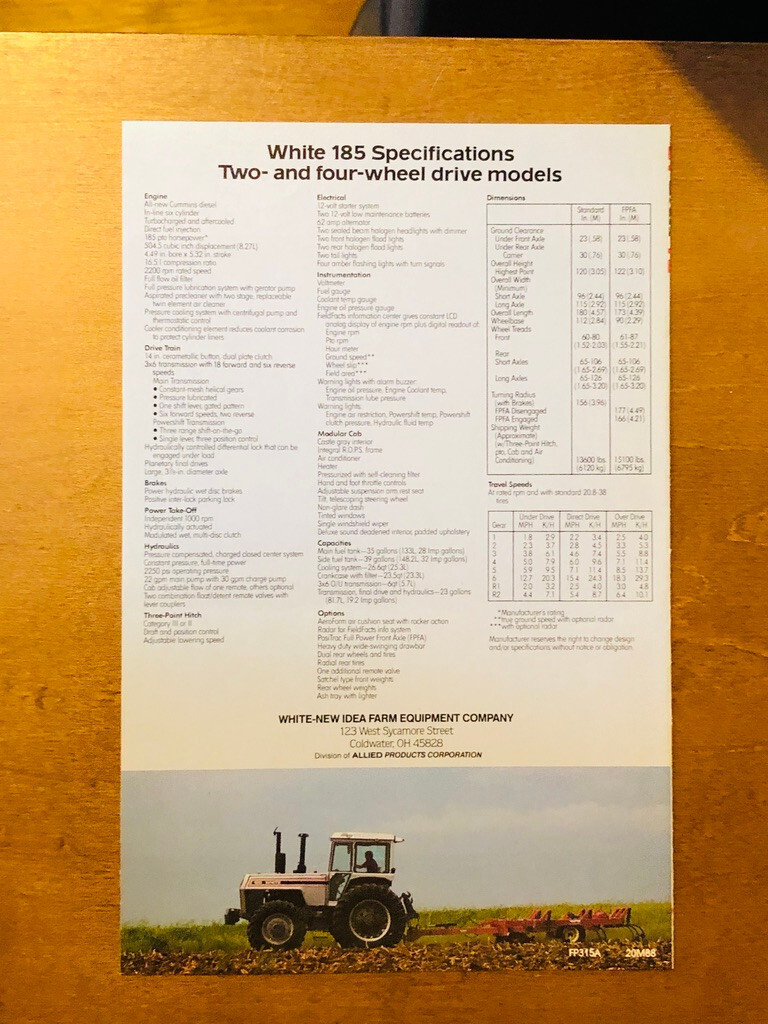 1988 White 185 PTO HP Tractors Specifications Brochure 5 1/2&Prime; x 8 1/2&Prime;