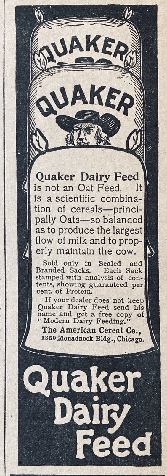 1901 AD.(XH11)~AMERICAN CEREAL CO. CHICAGO. QUAKER DAIRY FEED