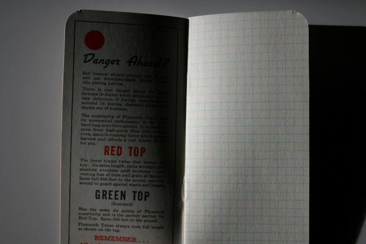 Tractor Farm Advertising 1938 PLYMOUTH BINDER TWINE Calendar Pocket Notebook