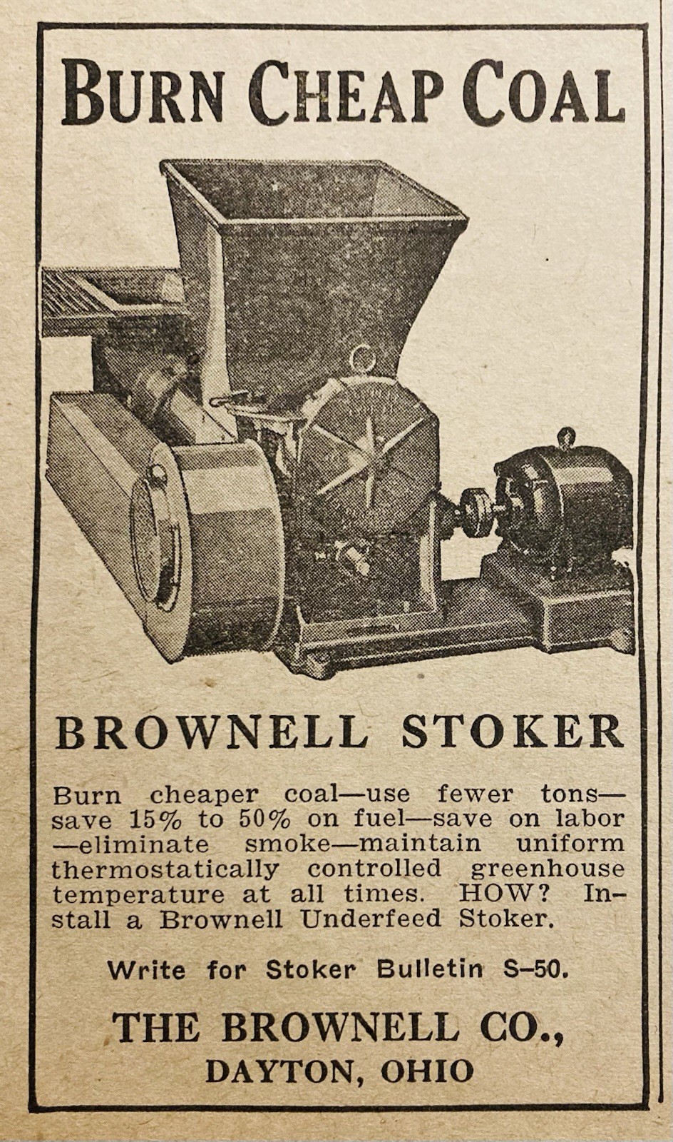 1929 AD.(XH86)~THE BROWNELL CO. DAYTON, OHIO. BROWNELL GREENHOUSE COAL STOKER