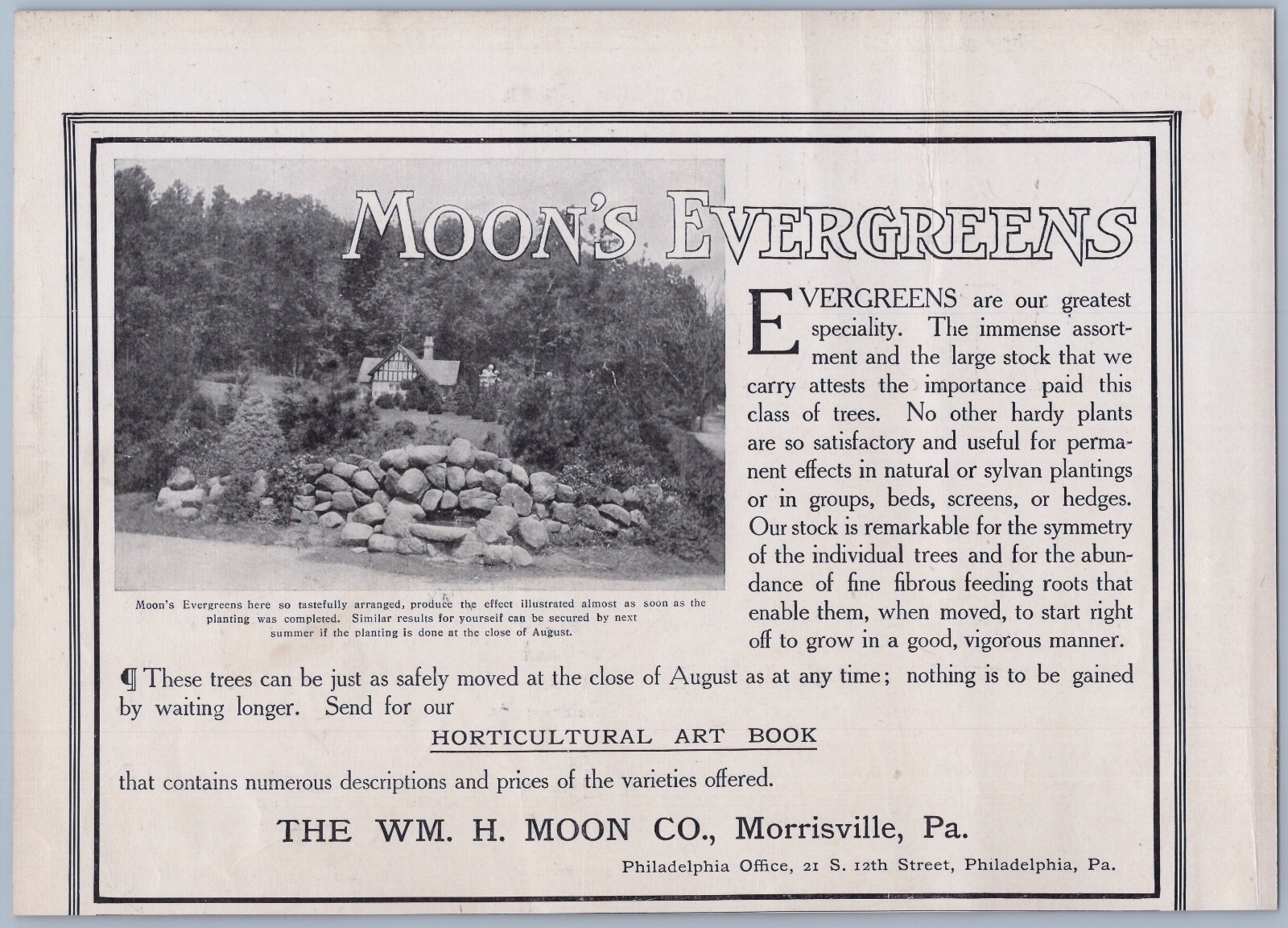 1906 William H Moon Glenwood Nurseries Ad Morrisville PA Evergreen Trees