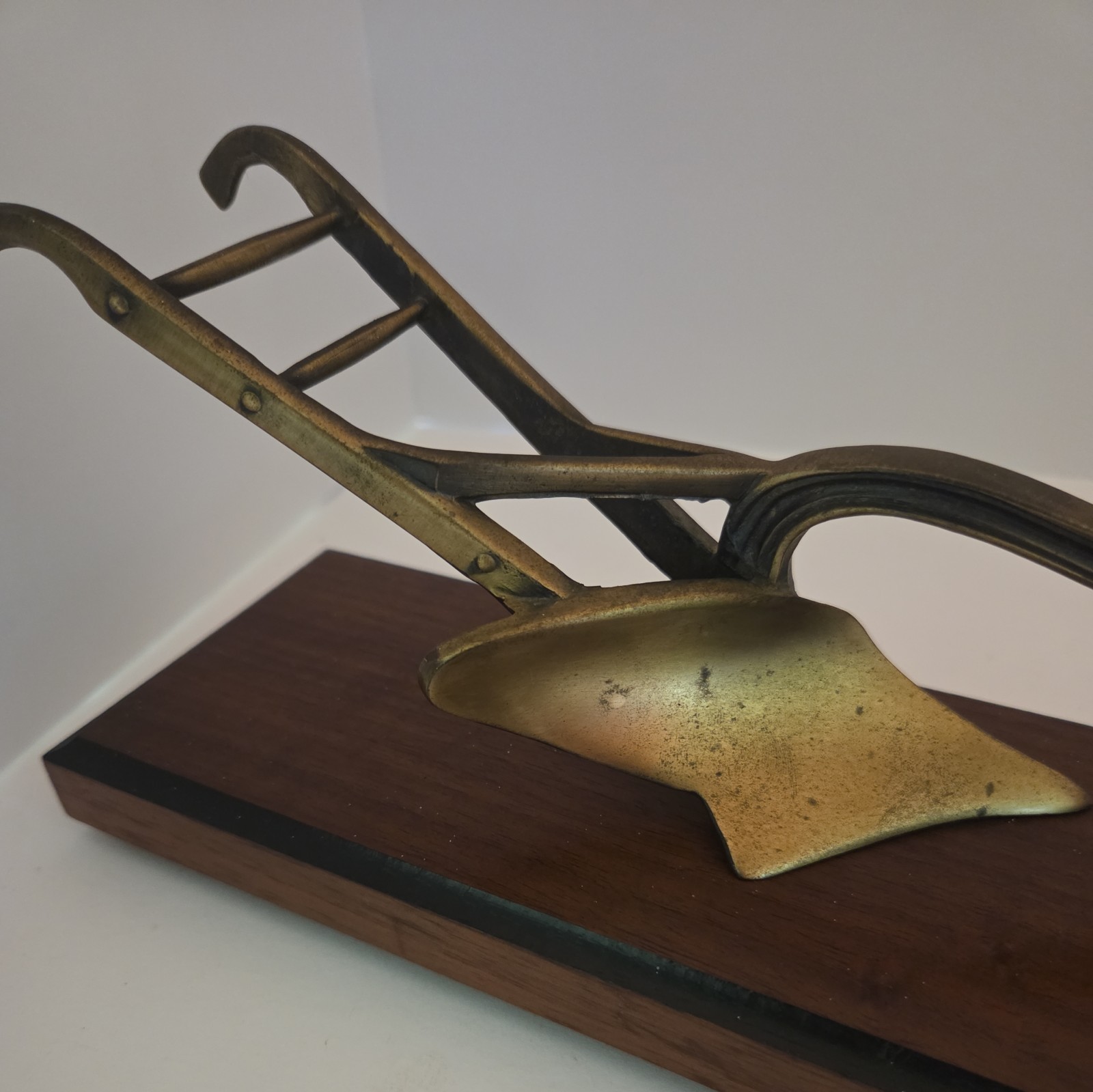 Vintage Brass Plow On Wooden Stand 10 Inches