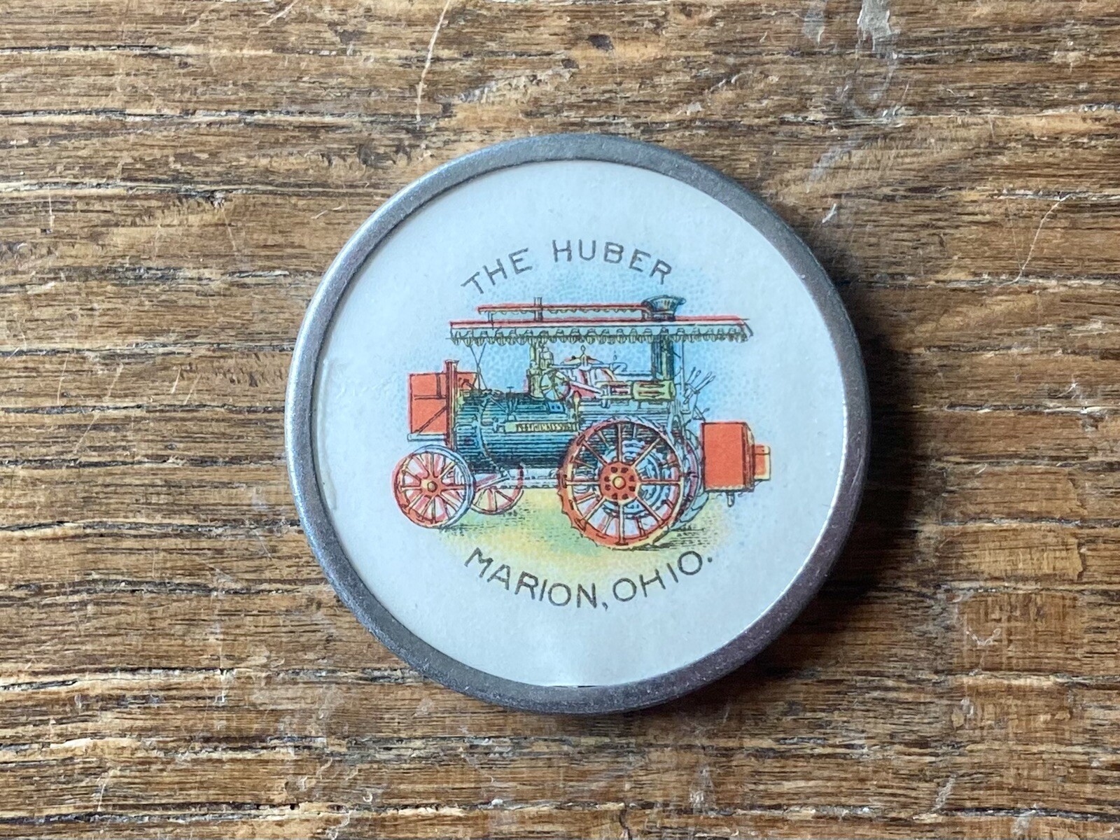 1 1/4” Huber Steam Engine Advertising Celluloid Pinback Tractor Plow Implement