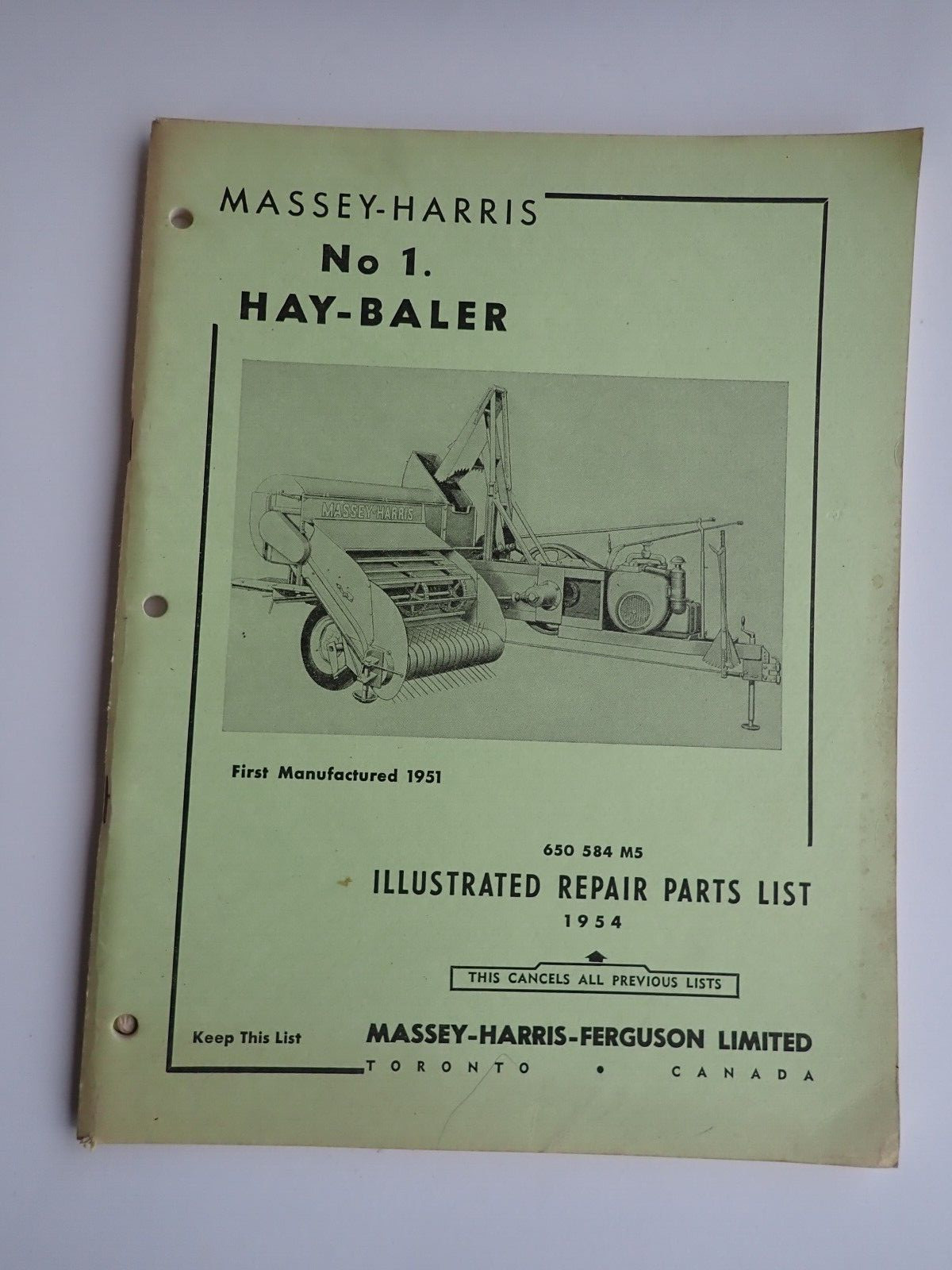 Original 1951 – 1954 Massey-Harris No 1 Hay Baler Repair / Parts Catalog !