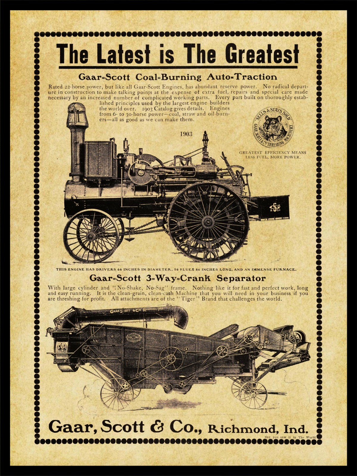 1903 Gaar Scott Traction Engine & Thresher NEW Metal Sign: Richmond, Indiana