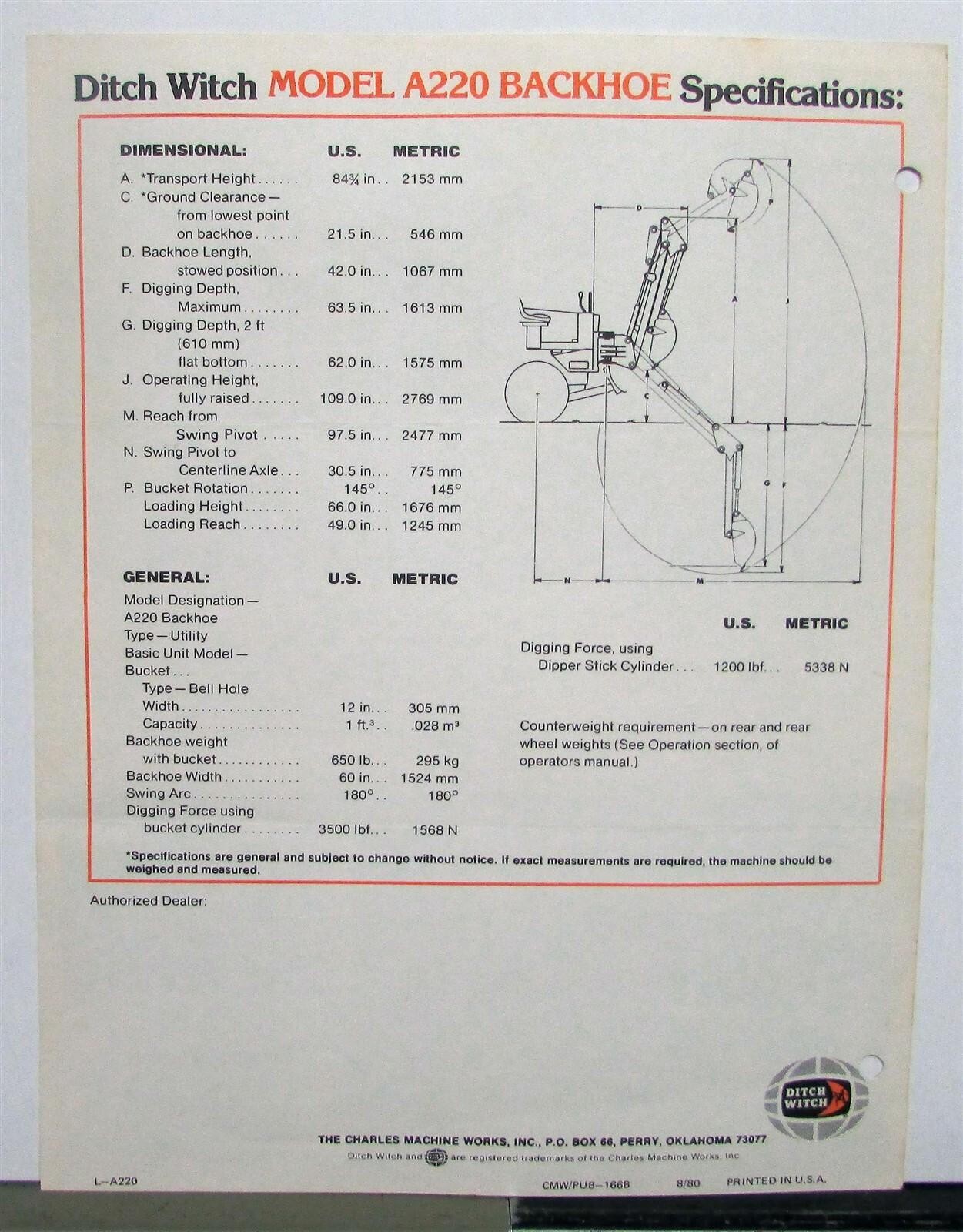 1981 Ditch Witch A220 Backhoe Specifications Construction Sale Brochure