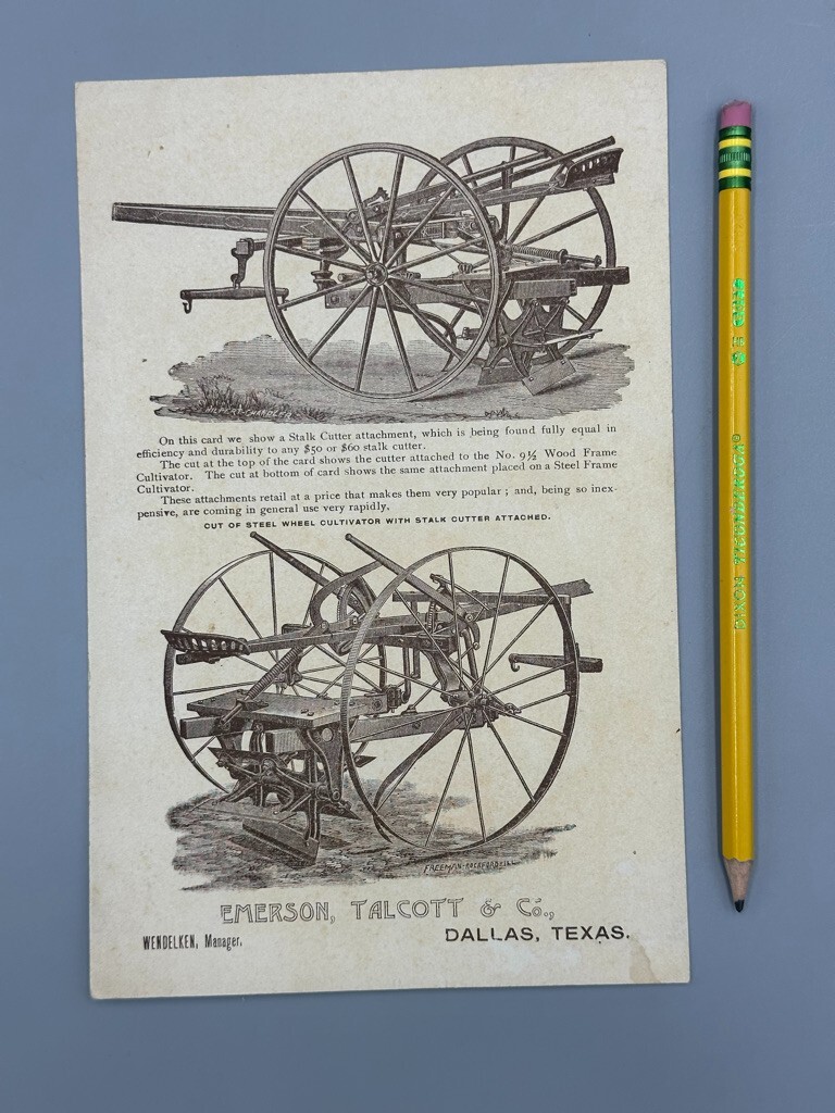 1880s EMERSON TALCOTT Farm Advertising DALLAS Texas TRADE CARD Vespucci Columbus