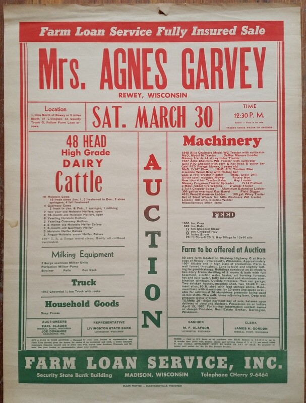 1963 Agnes Garvey Farm Auction Poster Rewey WI Wisconsin Dairy Cattle & Equip