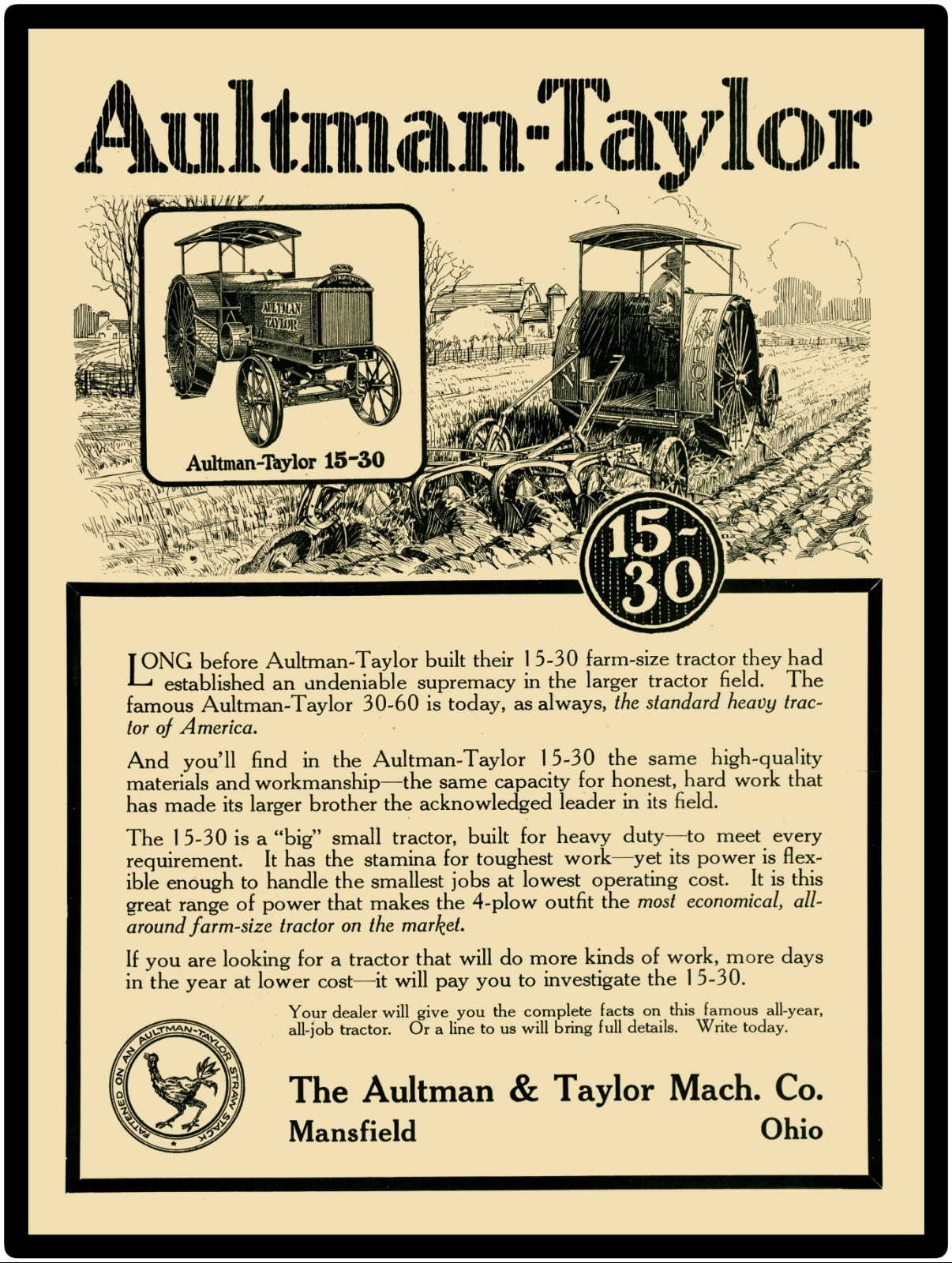 Aultman Taylor 15-30 Tractor 12 x 16” New Metal Sign: Mansfield, Ohio