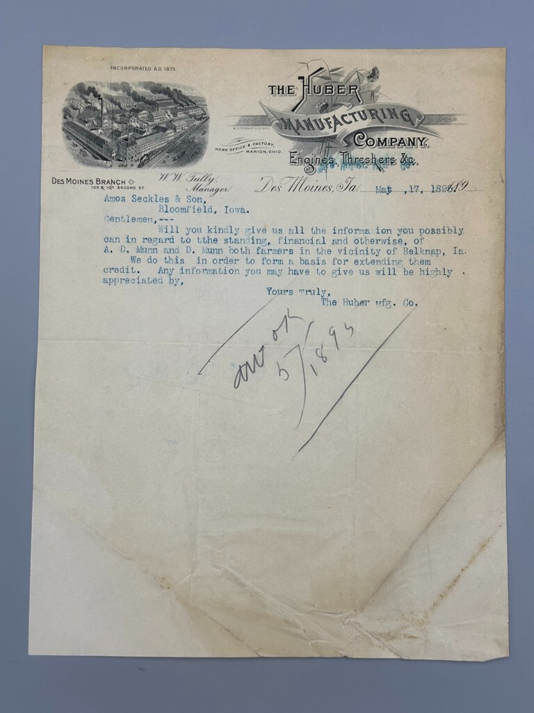 1895 HUBER THRESHERS ENGINES Farm Machinery Advertising Letterhead DES MOINES IA