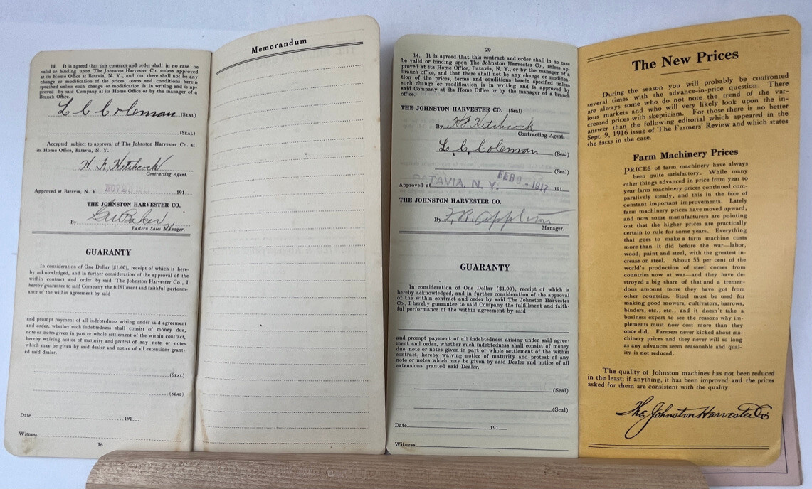 1912 &rsquo;17 3-Johnston Harvester Co Price List & Commission & Sale Contracts