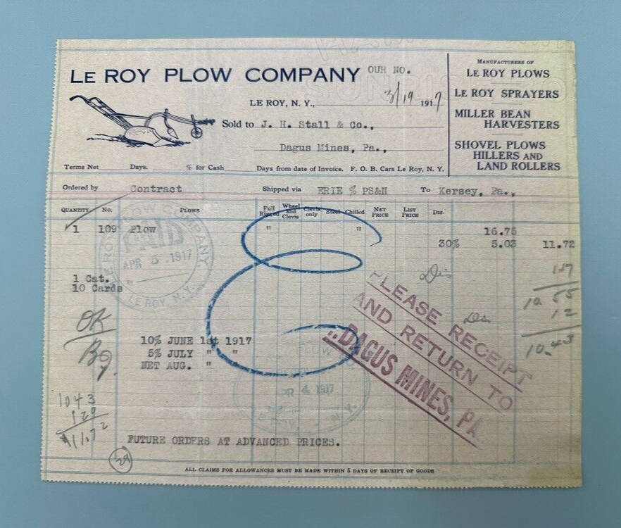 1917 LE ROY PLOW New York FARM Illustrated Invoice Billhead Antique ADVERTISING