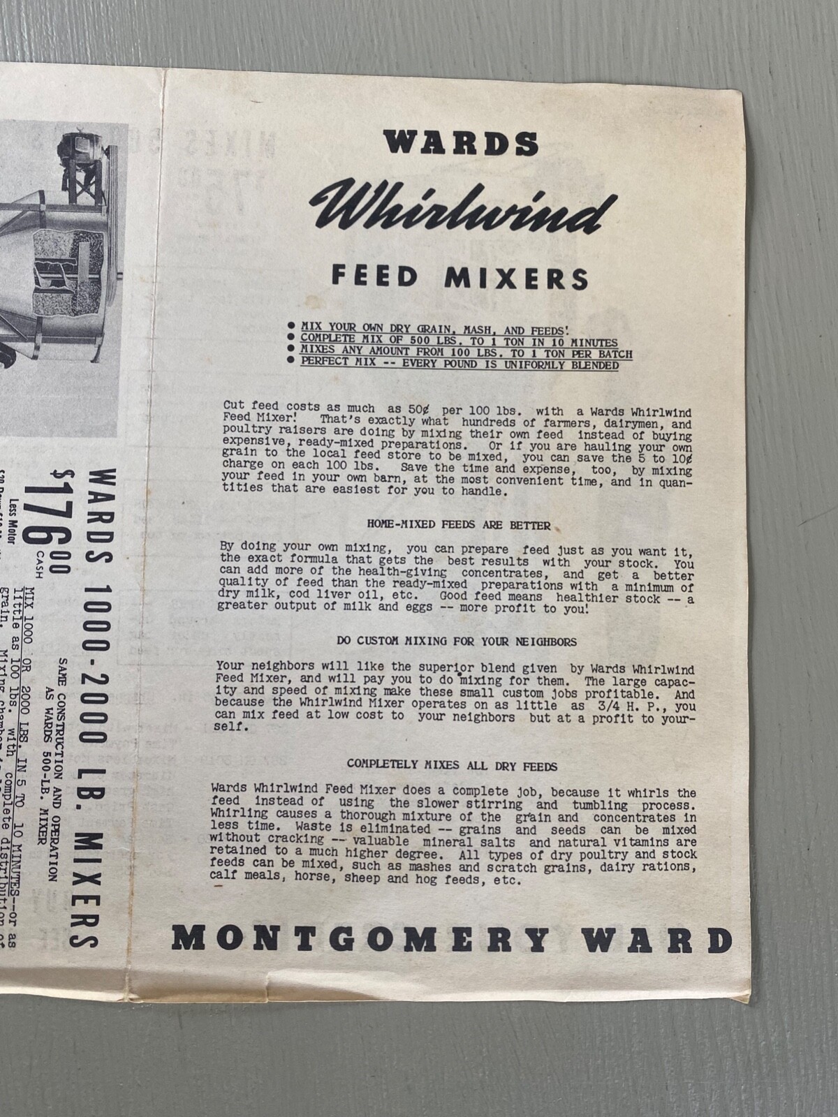 Vintage Montgomery Ward Whirlwind Farm Ag Feed Mixer Advertising Brochure Flyers