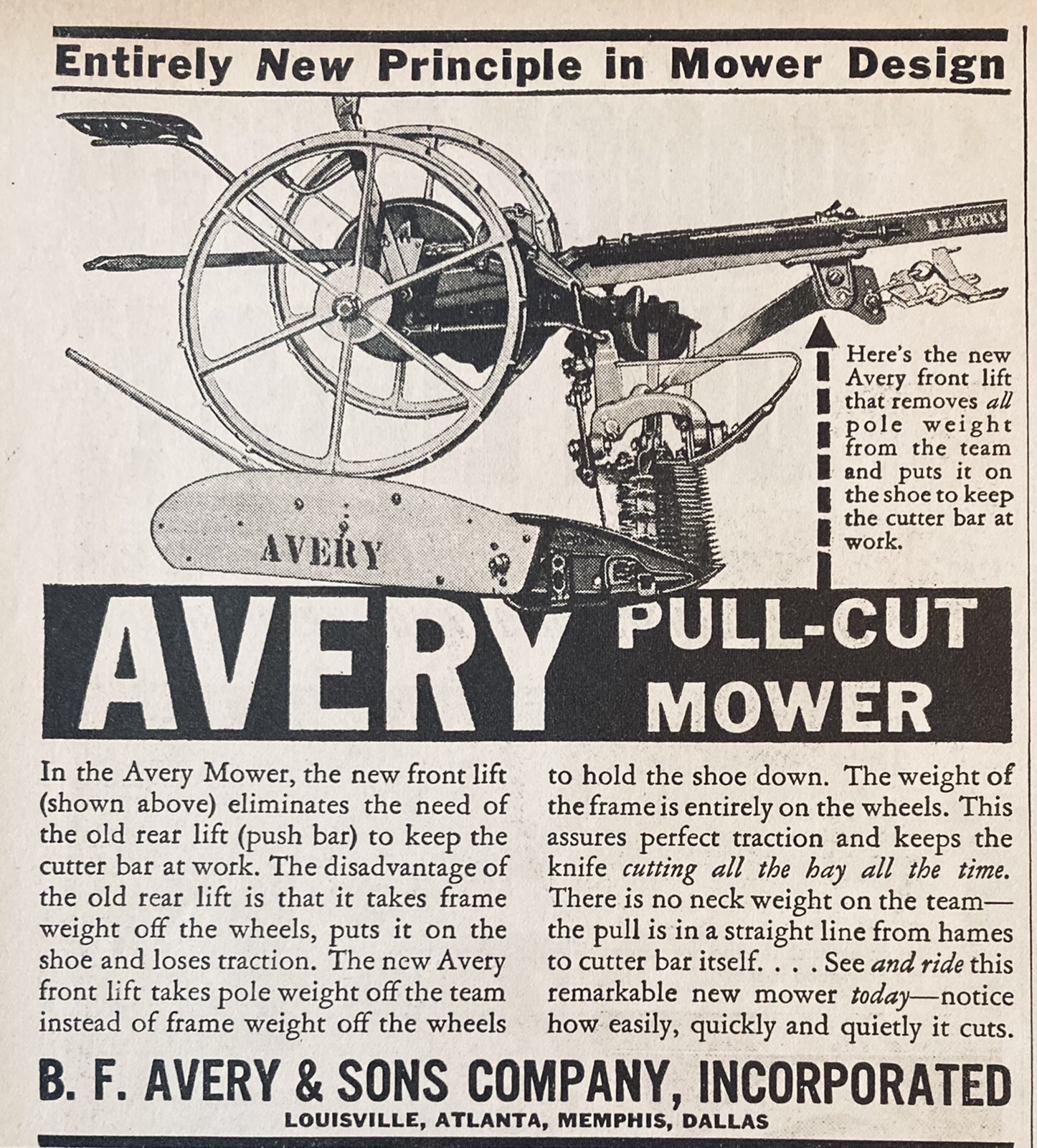 1938 AD.(XG10)~B.F. AVERY SONS CO. LOUISVILLE. AVERY PULL-CUT MOWER