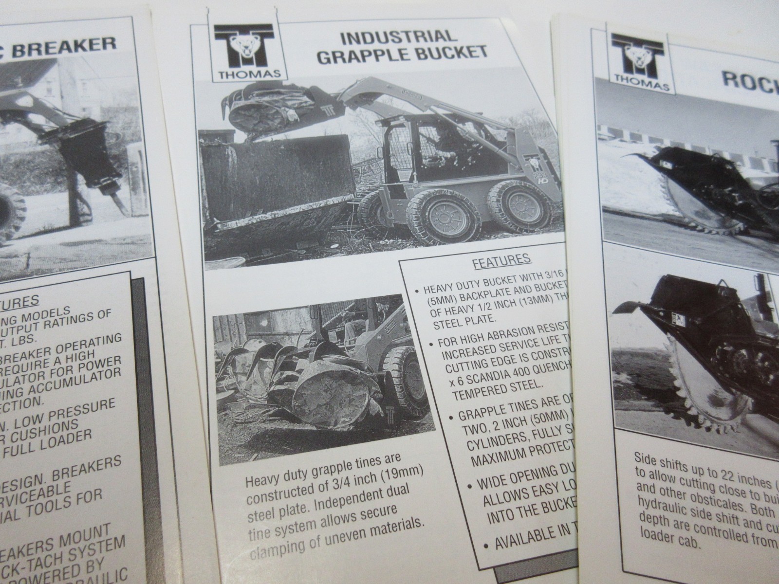 3 Thomas Hydraulic Breaker, Grapple Bucket, Rock Saw Brochures 6 pages