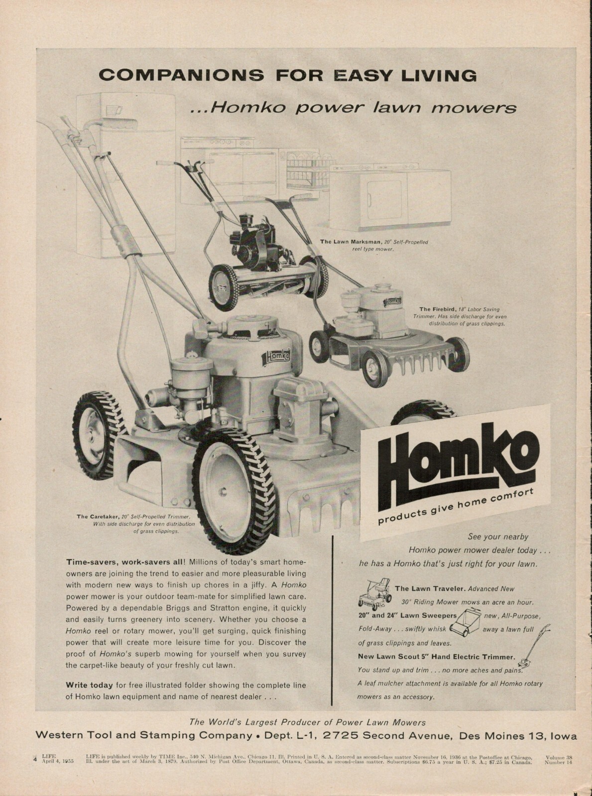 1955 Homko Lawn Mowers Iowa Vintage Print Ad Western Tool Stamping Company Des M