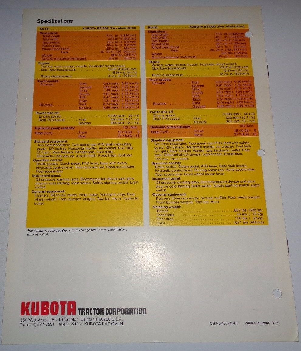 Kubota B5100 Diesel 2WD and 4WD Tractor Sales Brochure literature advertising ad