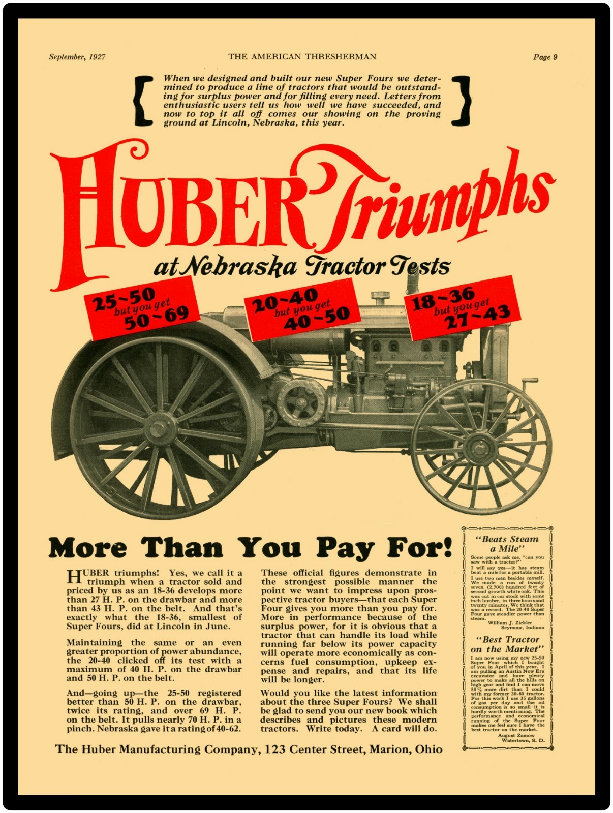 1927 Huber Super Four 4 Tractor, Model 18-36 New Metal Sign: Nebraska 9&Prime; x 12&Prime;