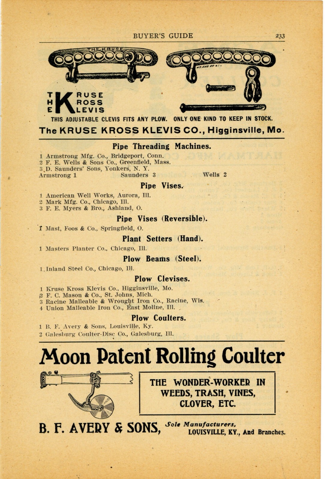 1905 B.F. Avery & Sons Ad: Moon Patent Rolling Coulter – Louisville, Kentucky