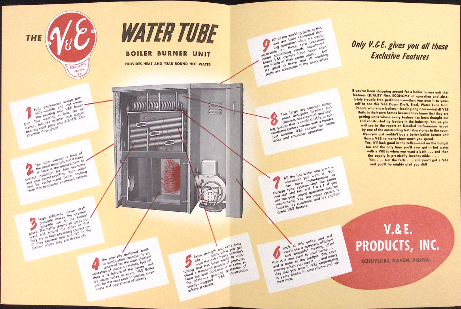 1954 V&E Steel Boiler Burner Unit Water Tube Down Draft Design Brochure