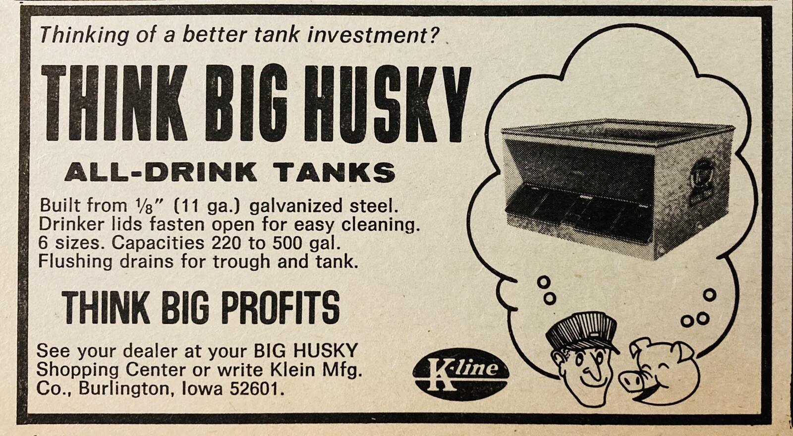 1969 AD.(XH78)~KLEIN MFG. CO. BURLINGTON, IOWA. BIG HUSKY FARM DRINK TANKS