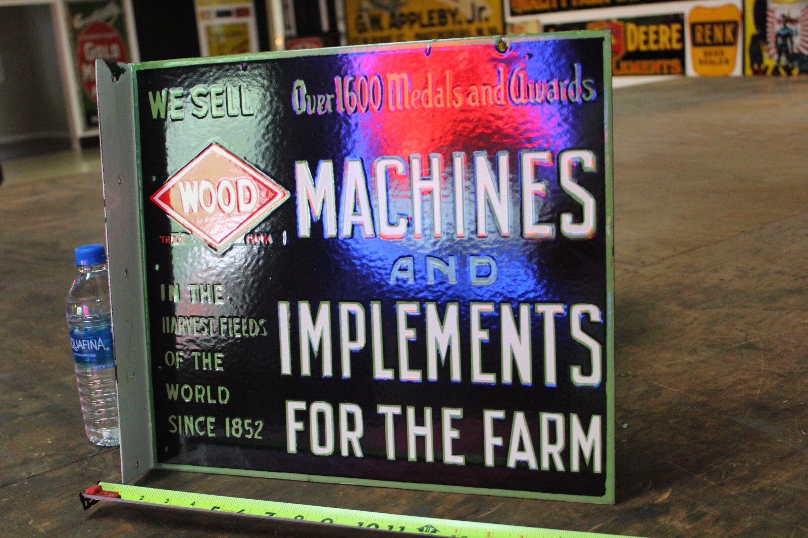 WOOD MACHINES AND IMPLEMENTS FARM DEALER 2-SIDED PORCELAIN METAL SIGN SEED FEED