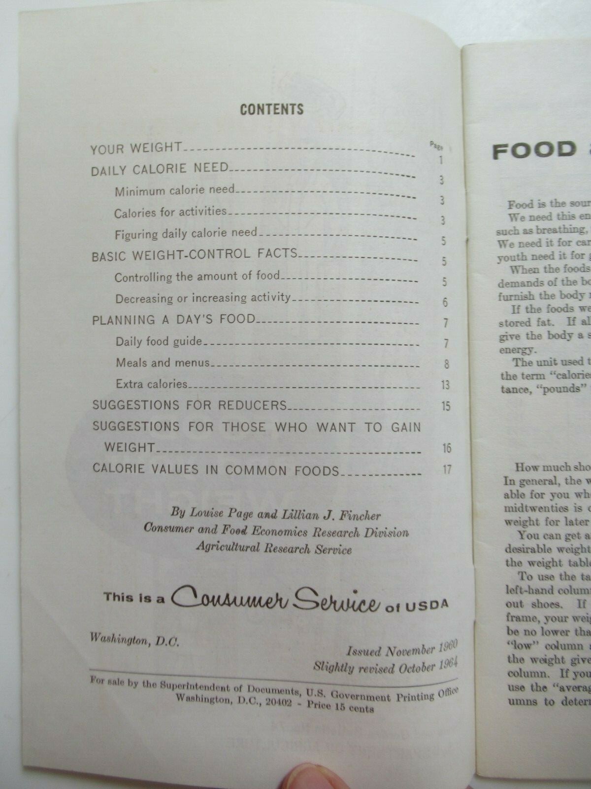 Vintage 1964 Food and Your Weight Booklet 74 – U.S. Department of Agriculture