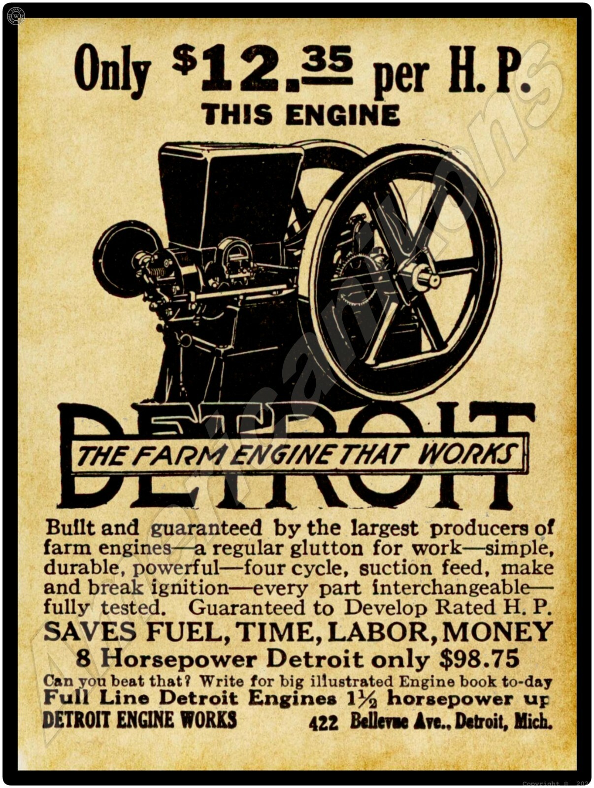 1916 Detroit Engine Works Gas Engines New Metal Sign: LARGE SIZE 12 x 16