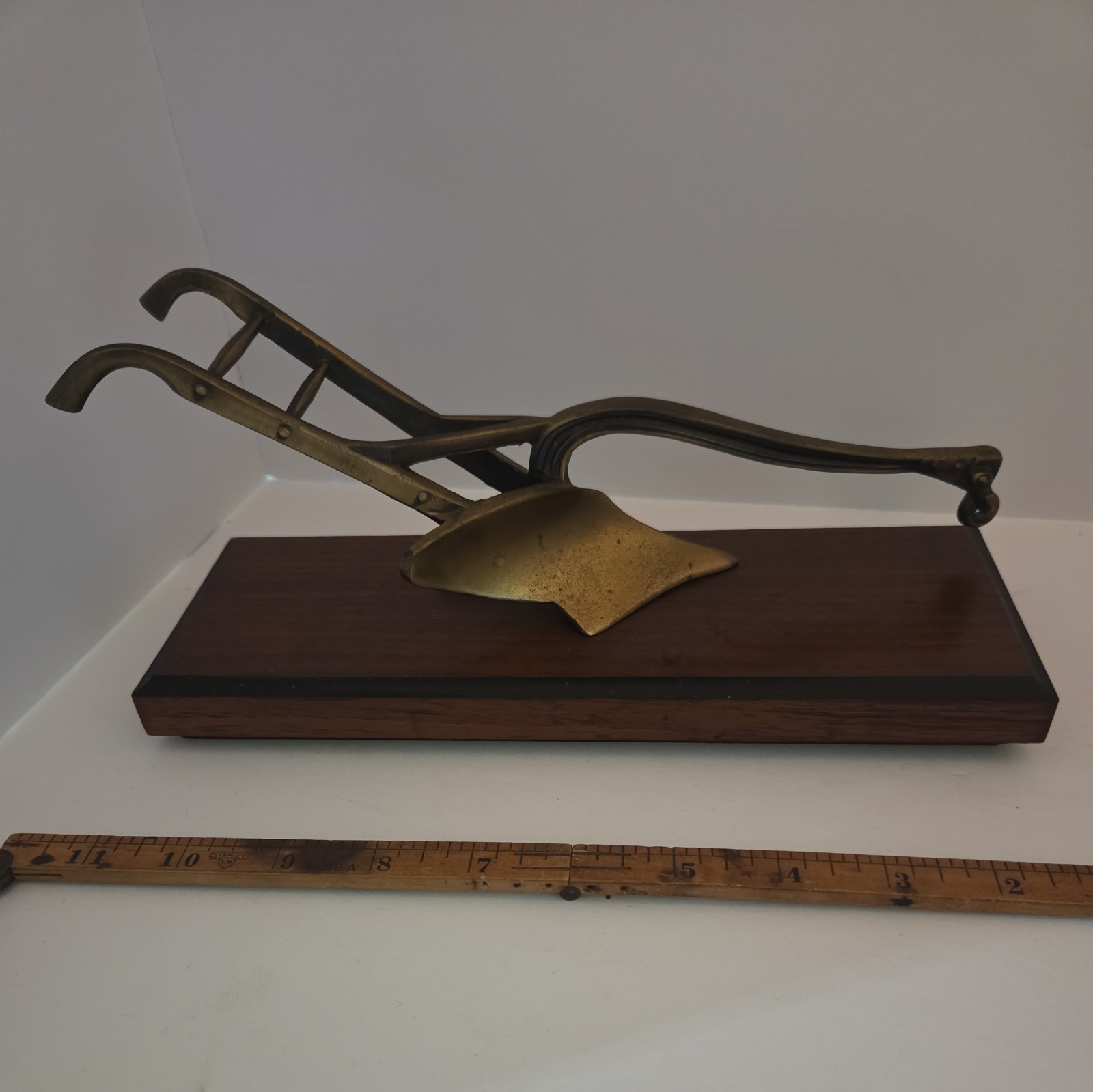 Vintage Brass Plow On Wooden Stand 10 Inches