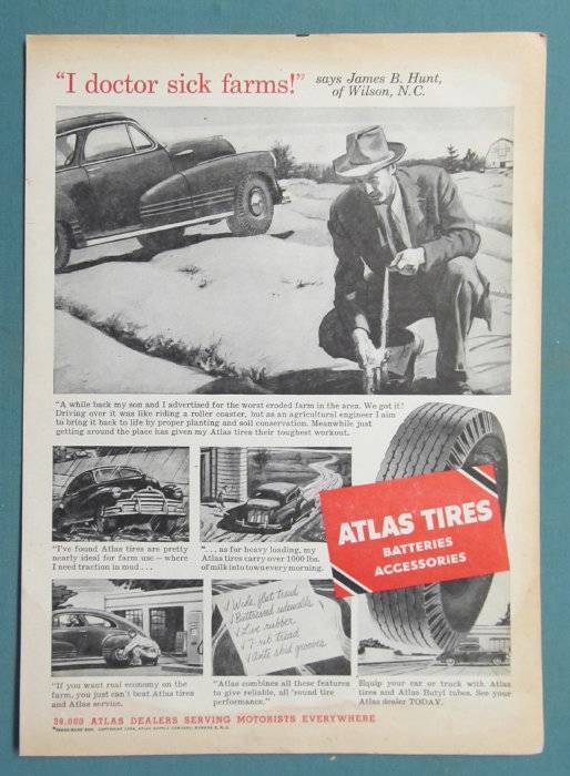 Original 1954 Atlas Auto Tire Ad Endorsed by James B. Hunt of Wilson NC