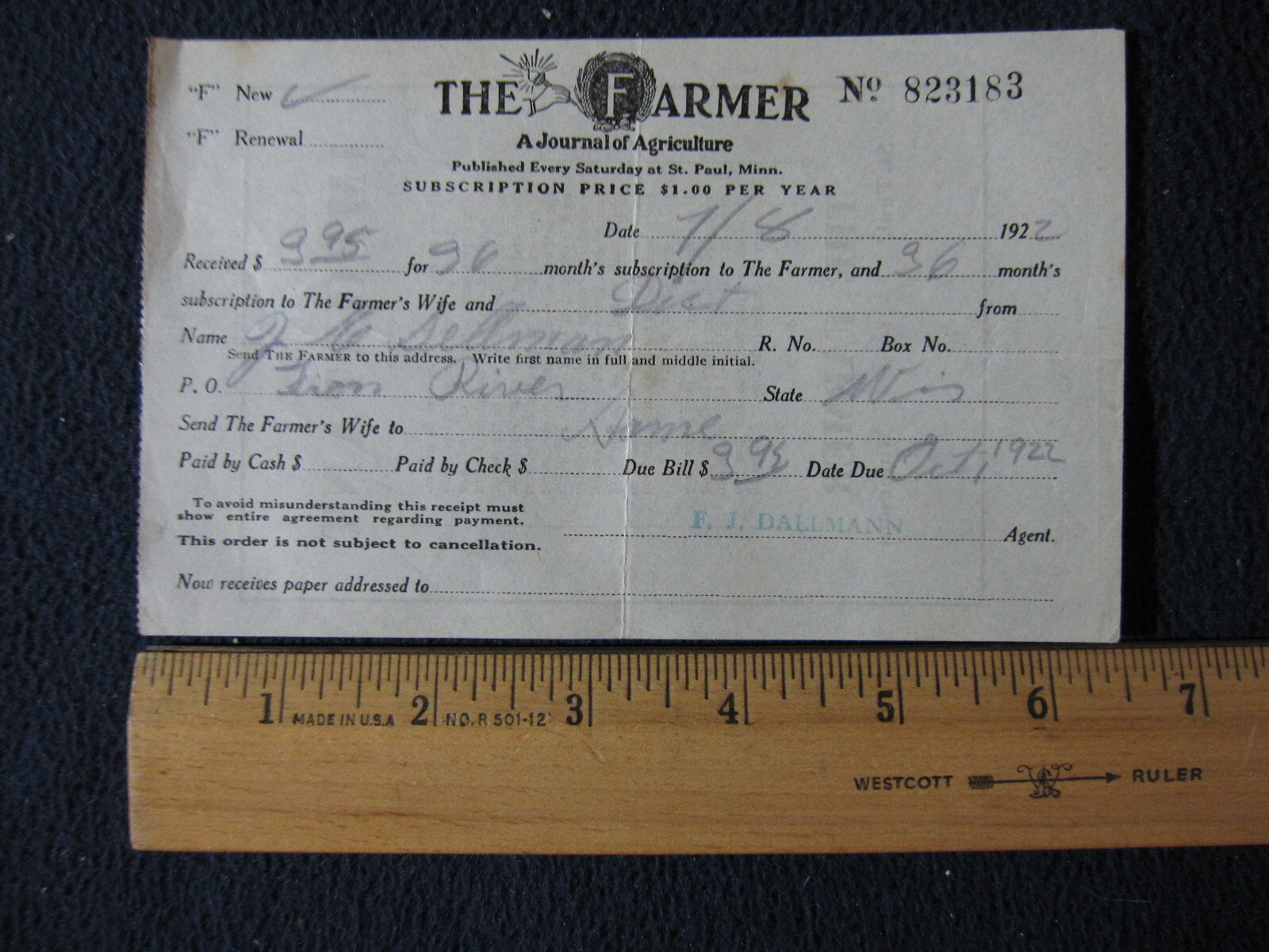 1922 The Farmer Journal of Agriculture Subscription Receipt (and Farmer&rsquo;s Wife)