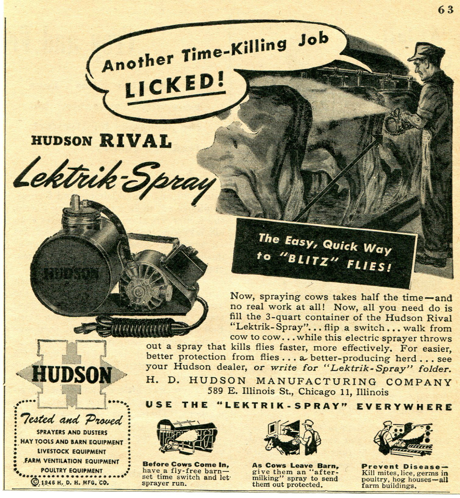 1946 small Print Ad of HD Hudson Manufacturing Rival Lektrik Spray Cow Sprayer