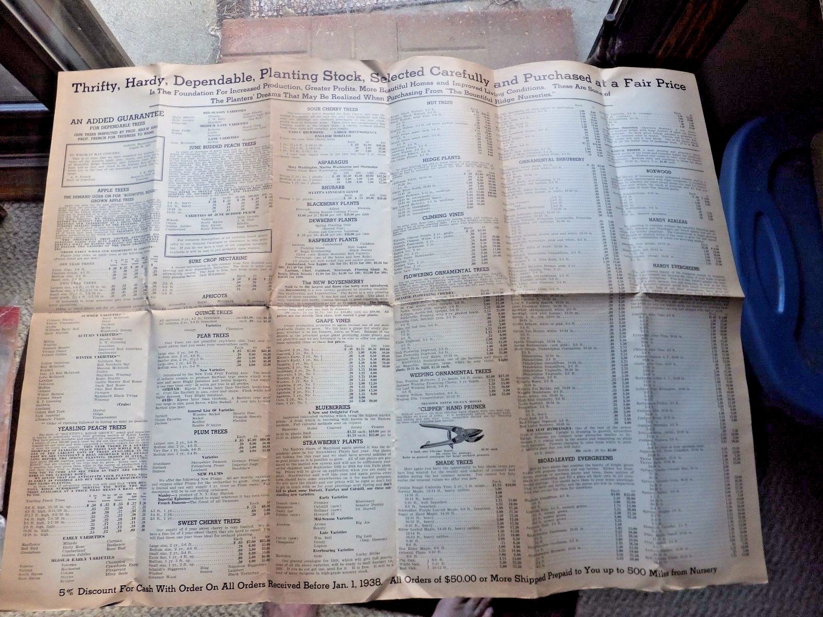 1937 Fruit & Ornamental Price List – Bountiful Ridge Nurseries, Princess Anne,MD