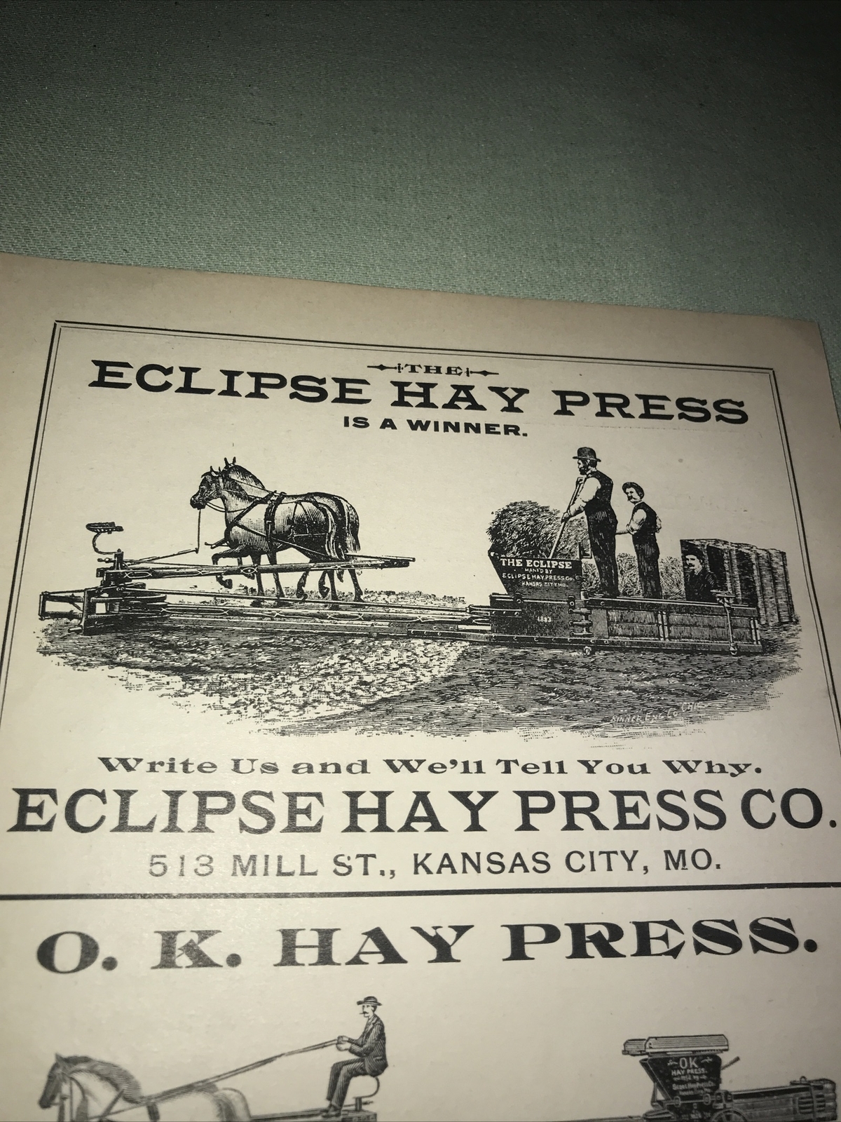 1898 Scott Hay Press Farm Advertising – Kansas City – Missouri