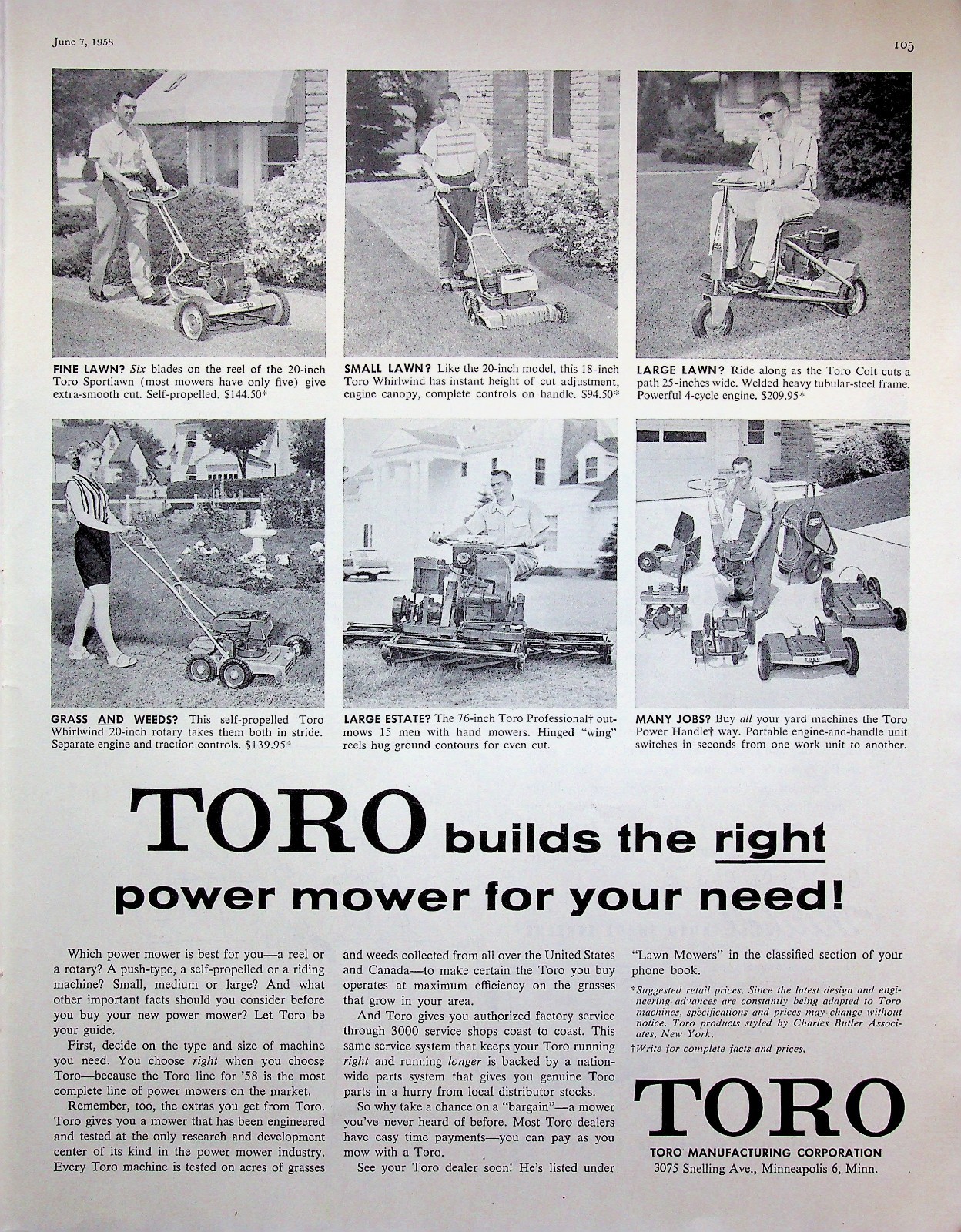 Toro Power Mower Lawn Mower Equipment 1958 Vintage Print Advertisement
