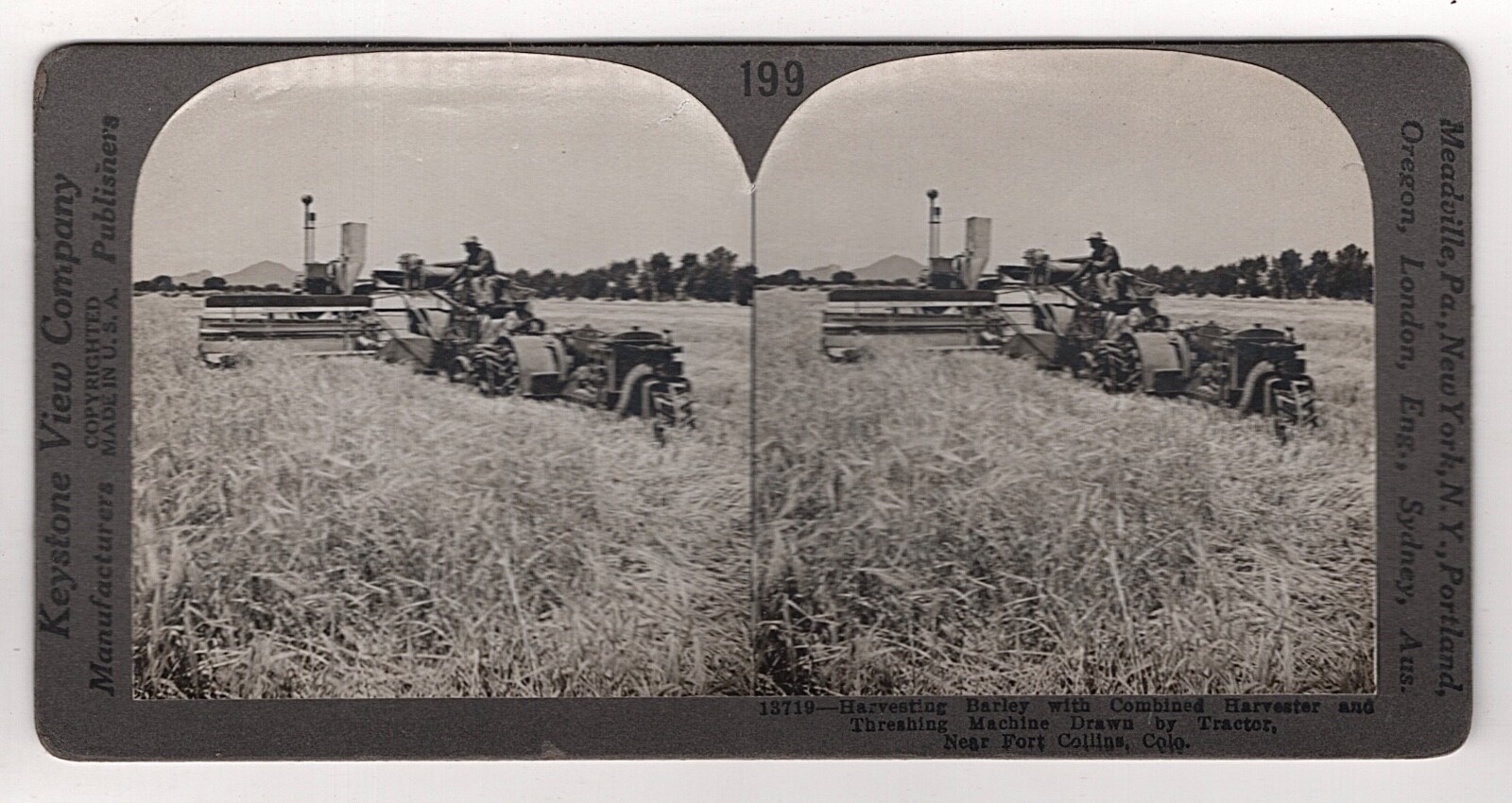 CA 1910 B W CABINET CARD HARVESTER THRESHING MACHINE TRACTOR KEYSTONE VEIW CO