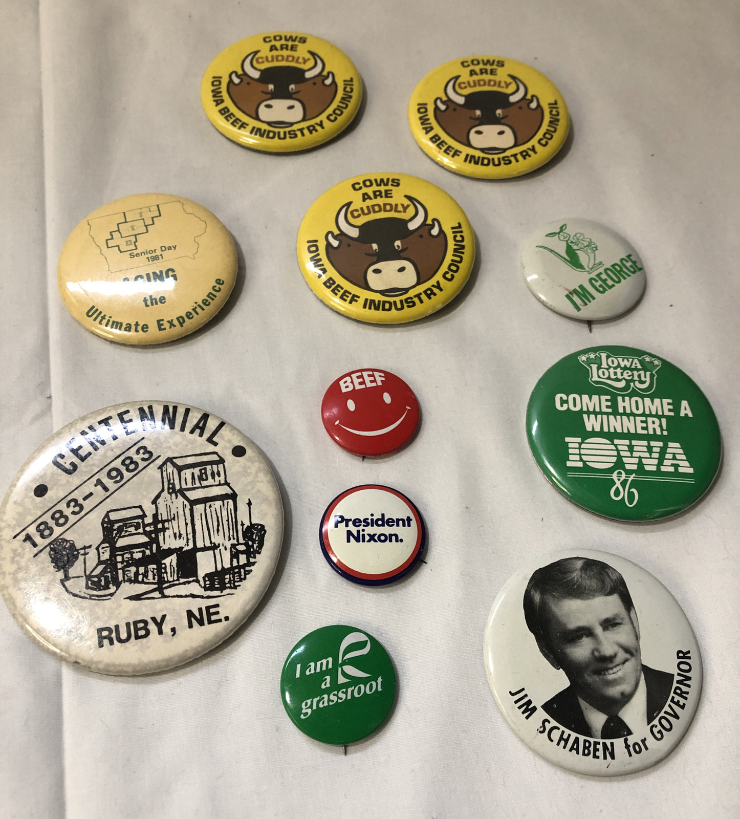 Vintage Iowa & Nebraska Advertising Political Buttons 1980s + Nixon 4 President