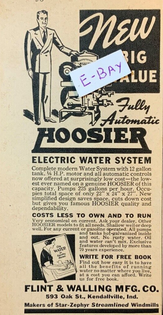 1940 Vintage Ad. Flint & Walling Mfg. Co. Kendallville, Ind. Hoosier water syste