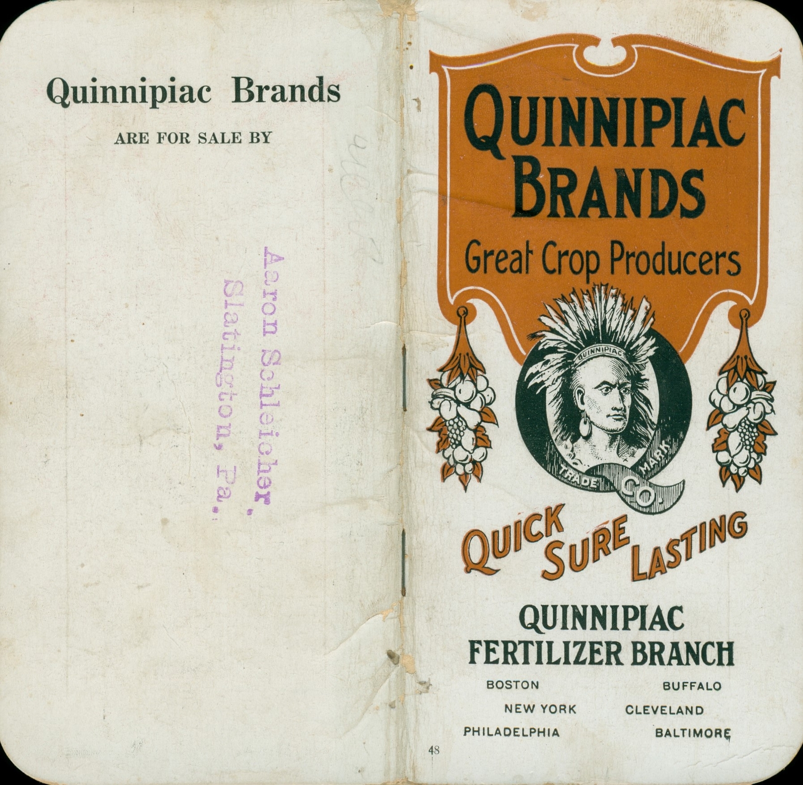 1913 Quinnipiac Fertilizer Pocket Almanac Notebook Ad Native Chief Slatington PA