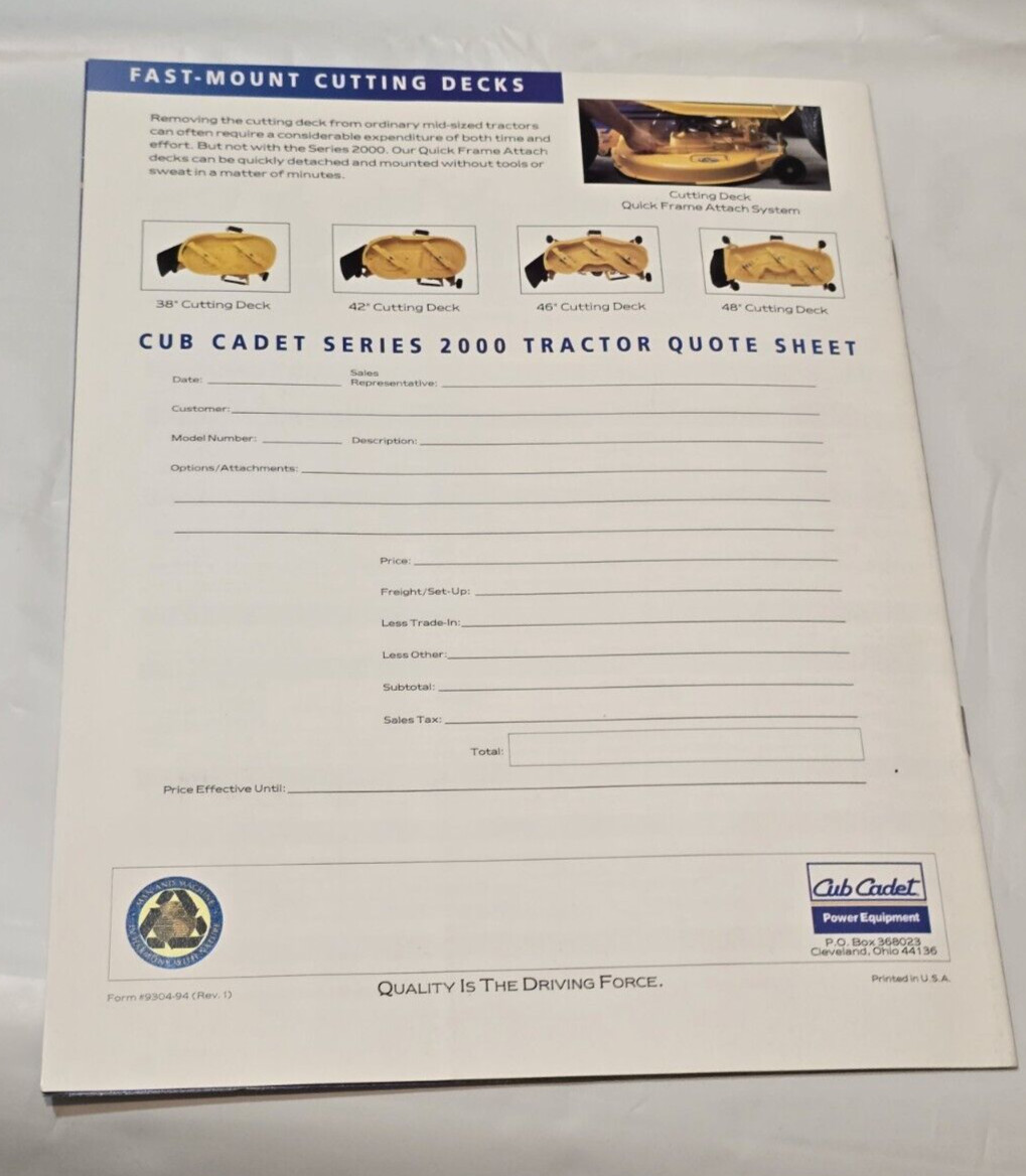 1994 Cub Cadet 2000 Series Ad Brochure Riding Mower Lawn Tractor Equipment Specs