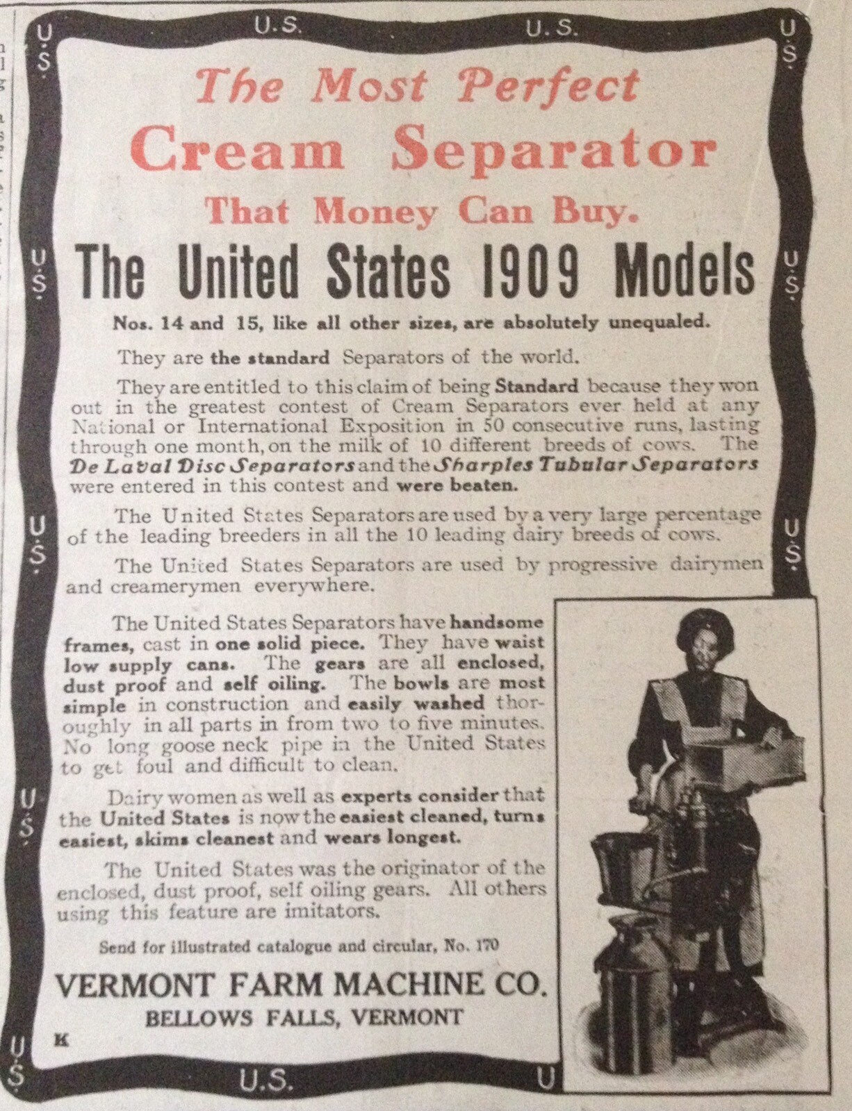 1909 AD(XF4)~VERMONT FARM MACHINE CO.BELLOWS FALLS,VT. U.S. MODEL 1909 SEPARATOR
