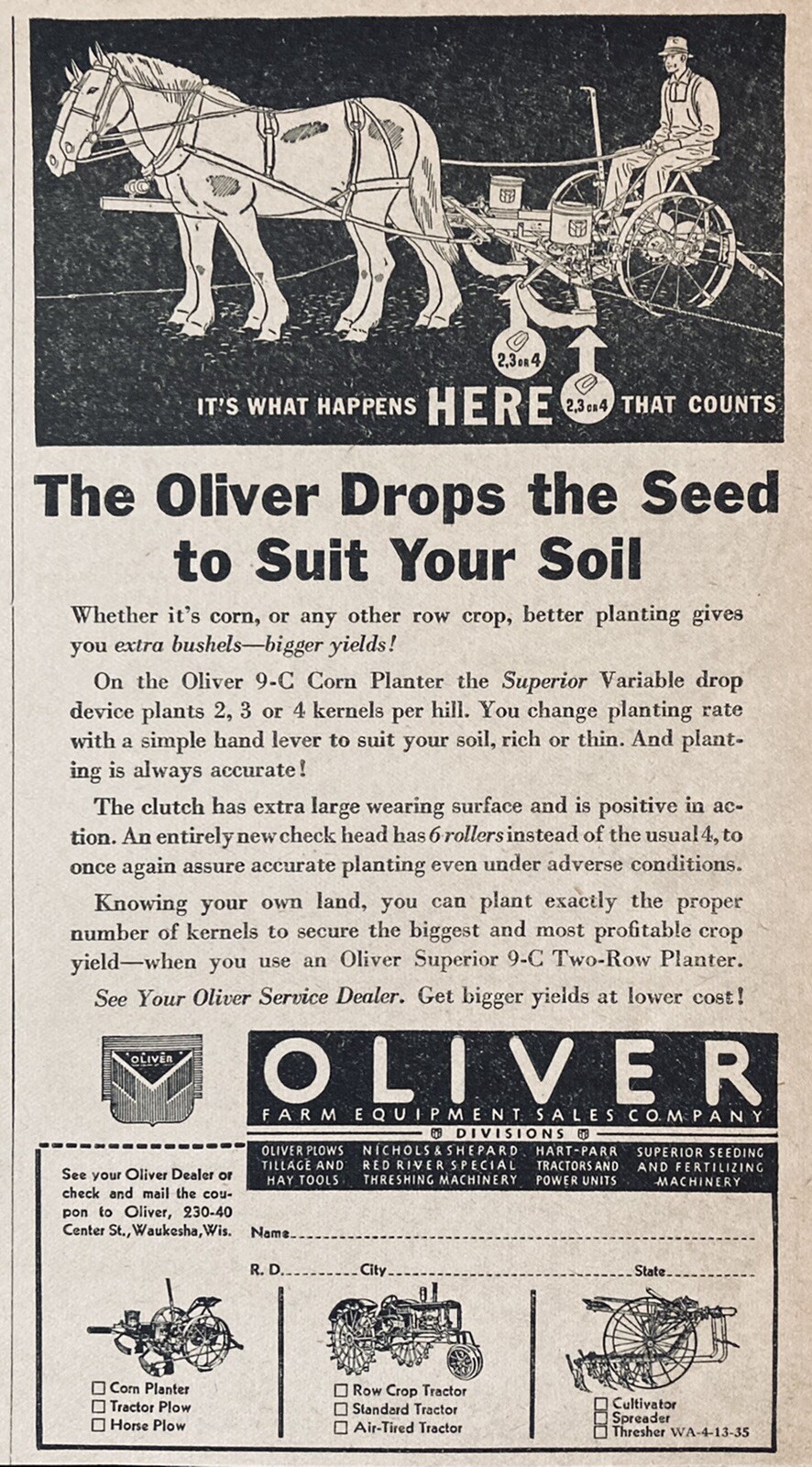 1935 AD(XH20)~OLIVER CO. WAUKESHA, WIS. OLIVER SUPERIOR 9-C CORN PLANTER