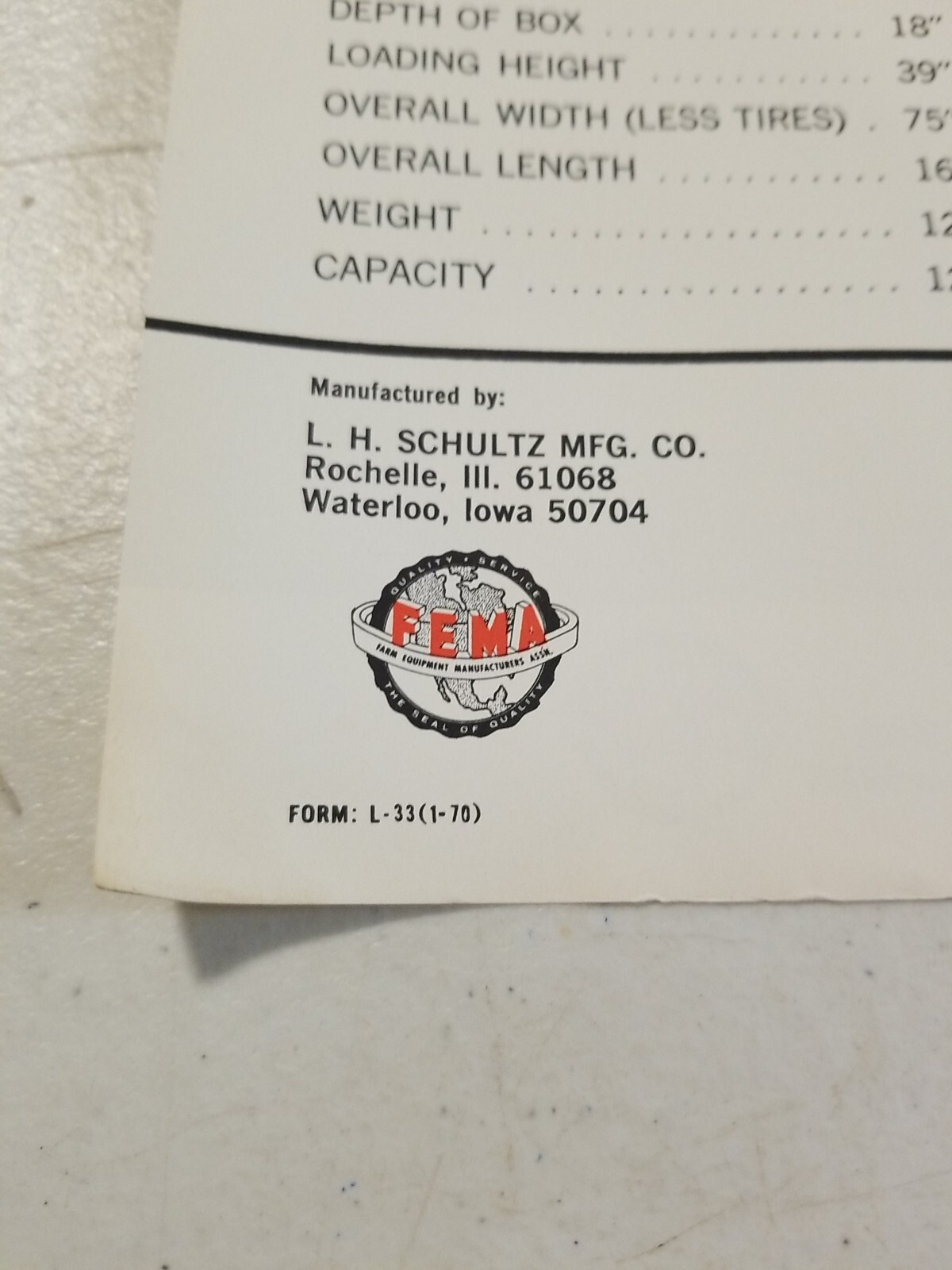 Vintage 1970 L.H. SCHULTZ Mfg Co GENERAL MANURE SPREADER Model 121 Spec Sheet